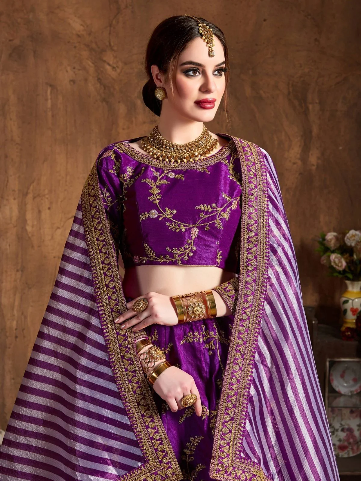 Odette Purple Silk Blend Embroidered Semi Stitched Lehenga With Blouse For Women - Image 5
