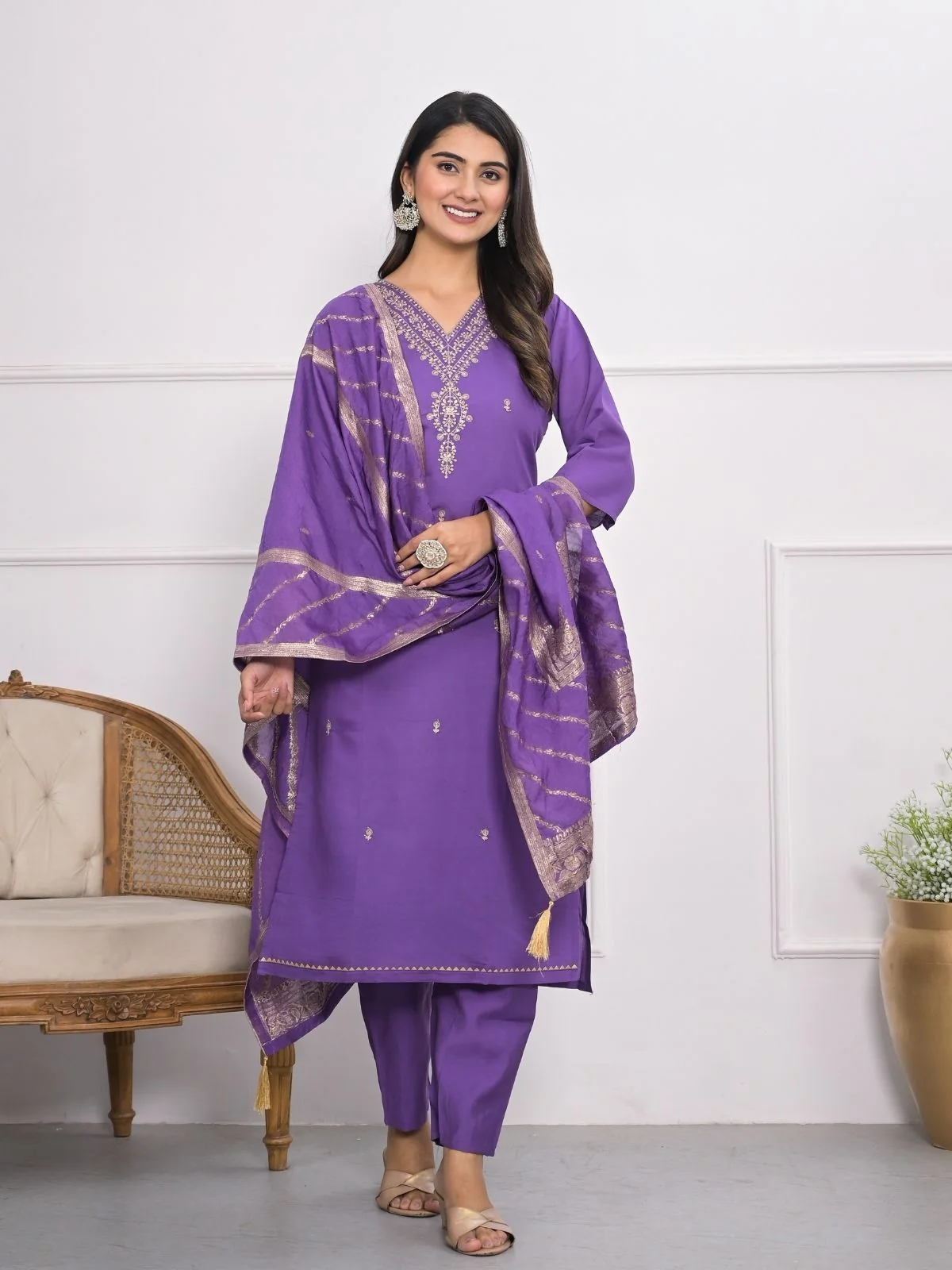 Odette Purple Silk Blend Embroidered Stitched Kurta Set For Women - Image 2