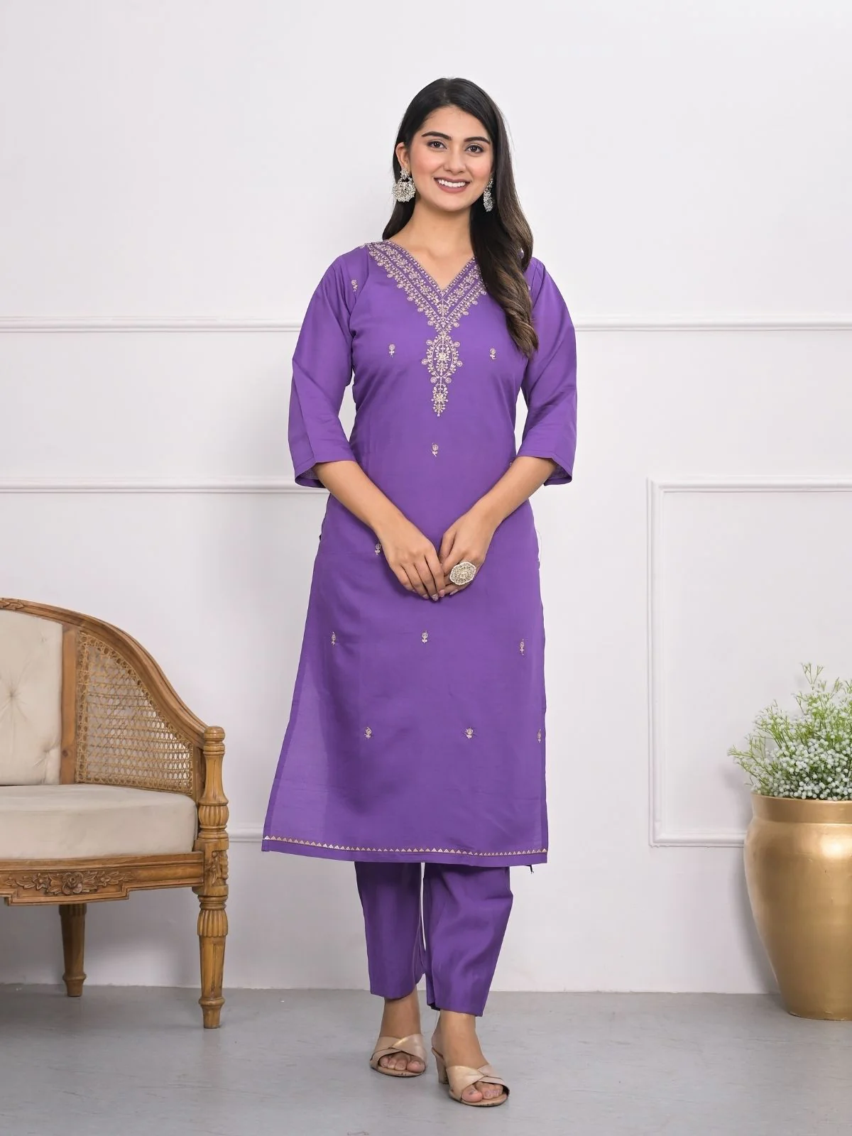 Odette Purple Silk Blend Embroidered Stitched Kurta Set For Women - Image 3