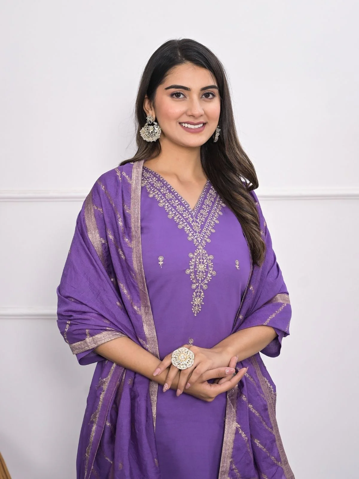 Odette Purple Silk Blend Embroidered Stitched Kurta Set For Women - Image 4