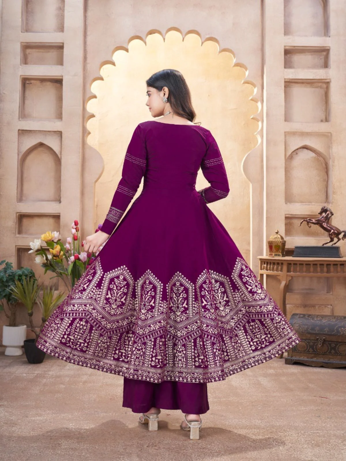 Odette Purple Silk Blend Embroidered Stitched Kurta Set For Women - Image 4