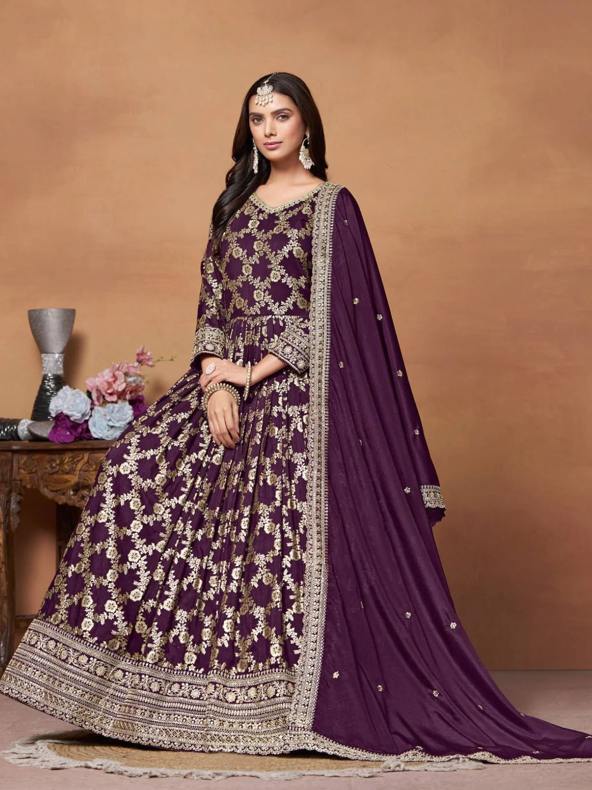 Odette Purple Silk Blend Foil Print Gown For Women - Image 2