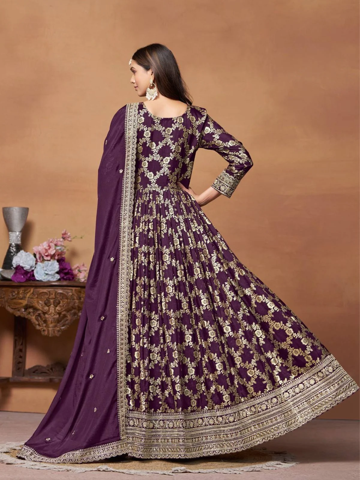 Odette Purple Silk Blend Foil Print Gown For Women - Image 3