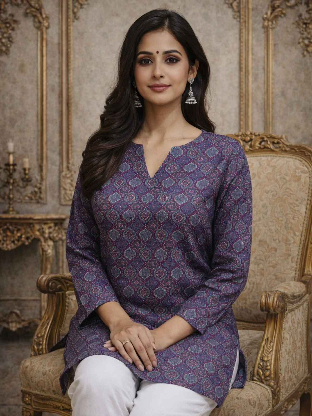 Odette Purple Silk Blend Printed Solid Kurti For Women - Image 3
