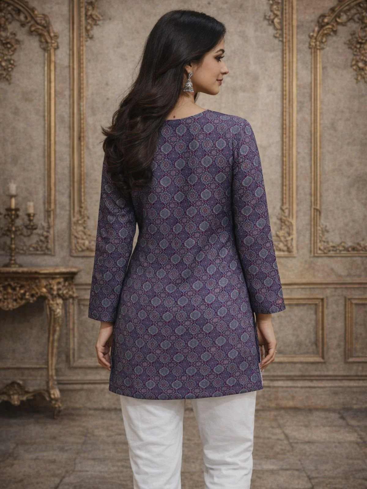 Odette Purple Silk Blend Printed Solid Kurti For Women - Image 4