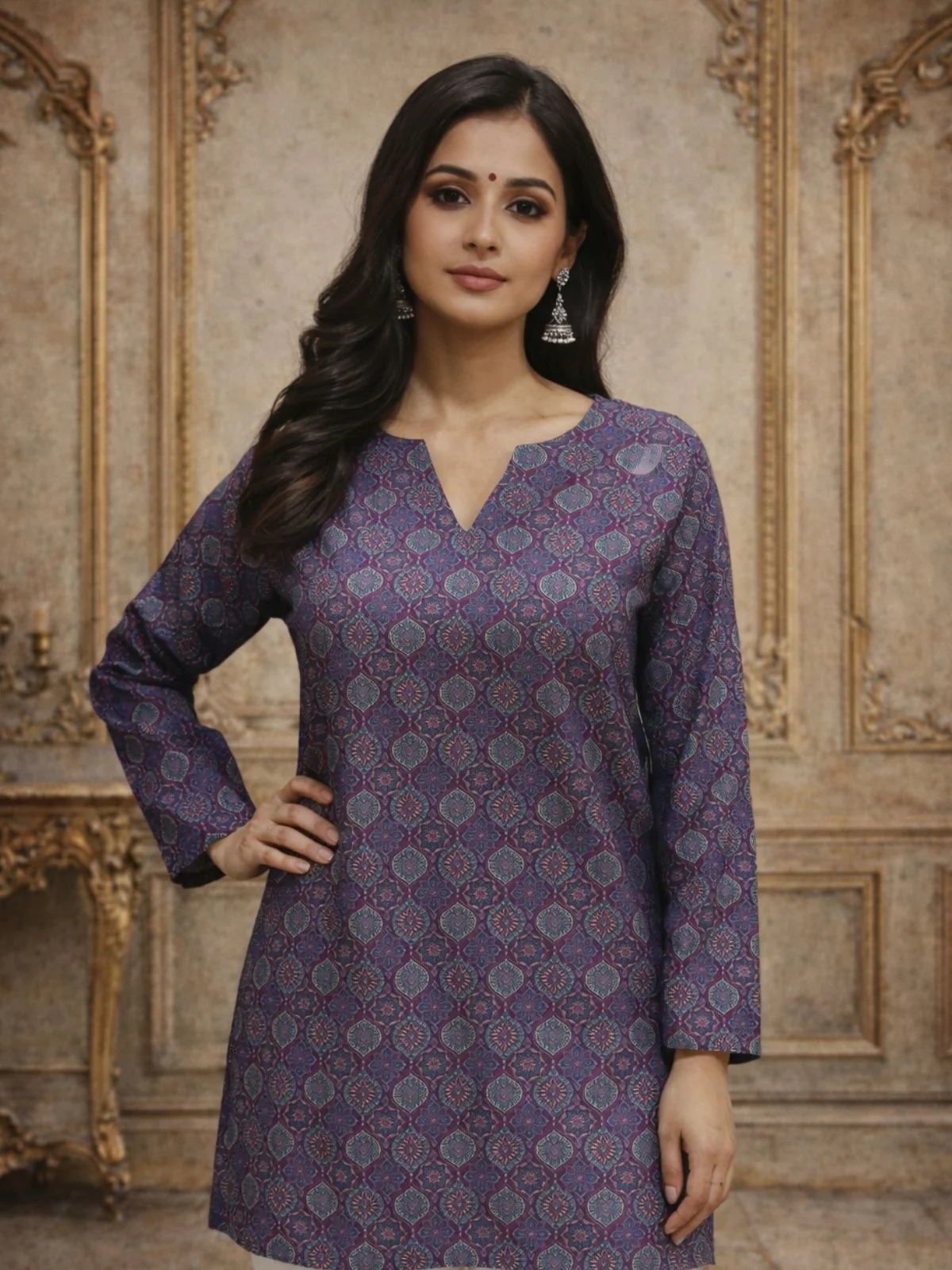 Odette Purple Silk Blend Printed Solid Kurti For Women - Image 5