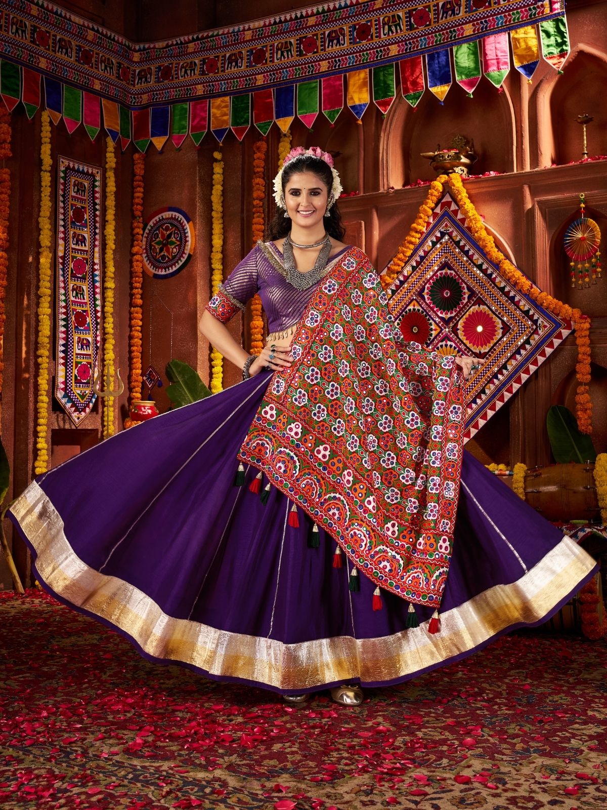 Odette Purple Silk Blend Semi-Stitched lehenga With Stunning Tassels For Women