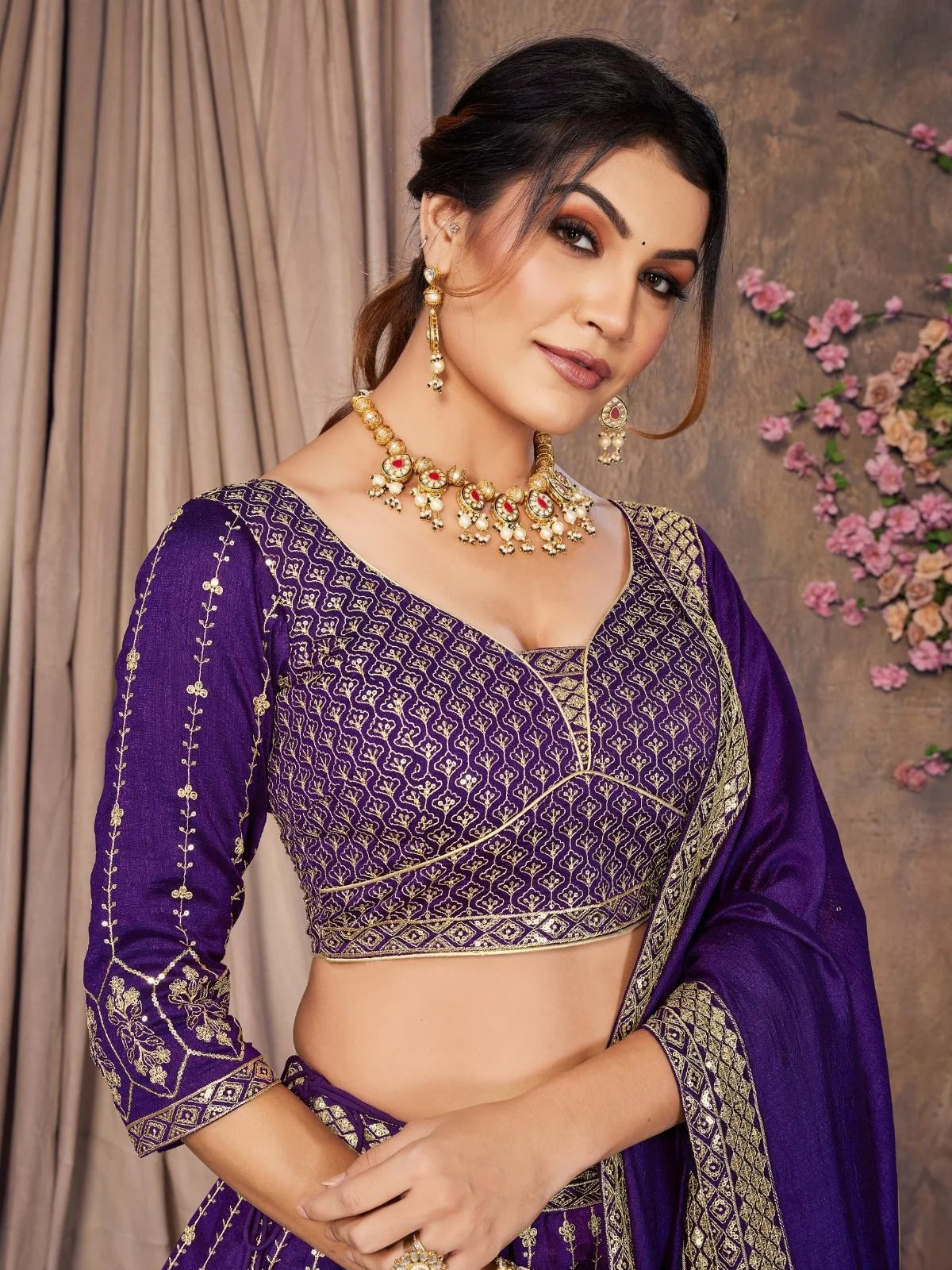 Odette Purple Silk Blend Sequins Embroidered Semi-Stitched Lehenga For Women - Image 4