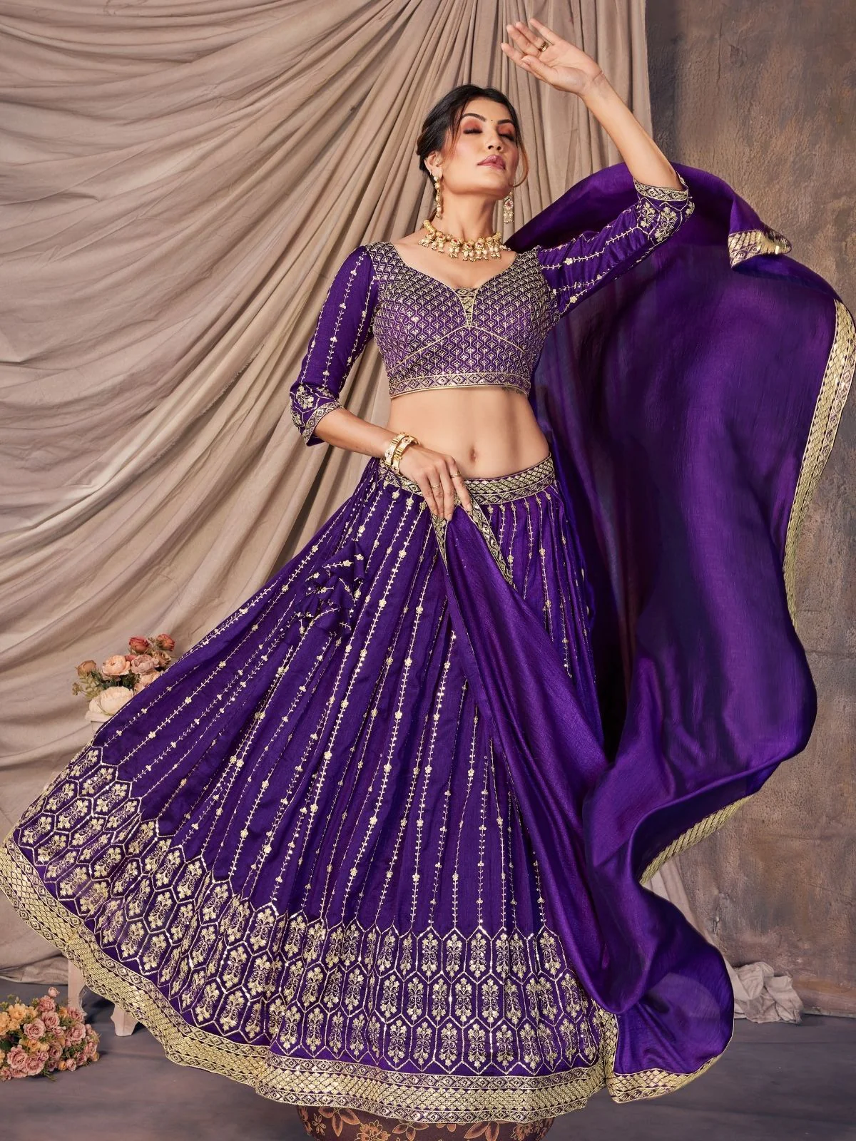 Odette Purple Silk Blend Sequins Embroidered Semi-Stitched Lehenga For Women - Image 6