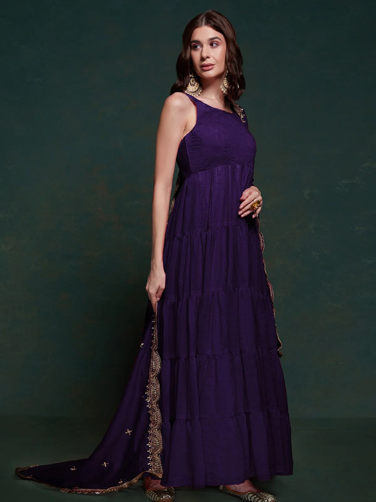 Odette Purple Silk Blend Solid Stitched Gown For Women - Image 5