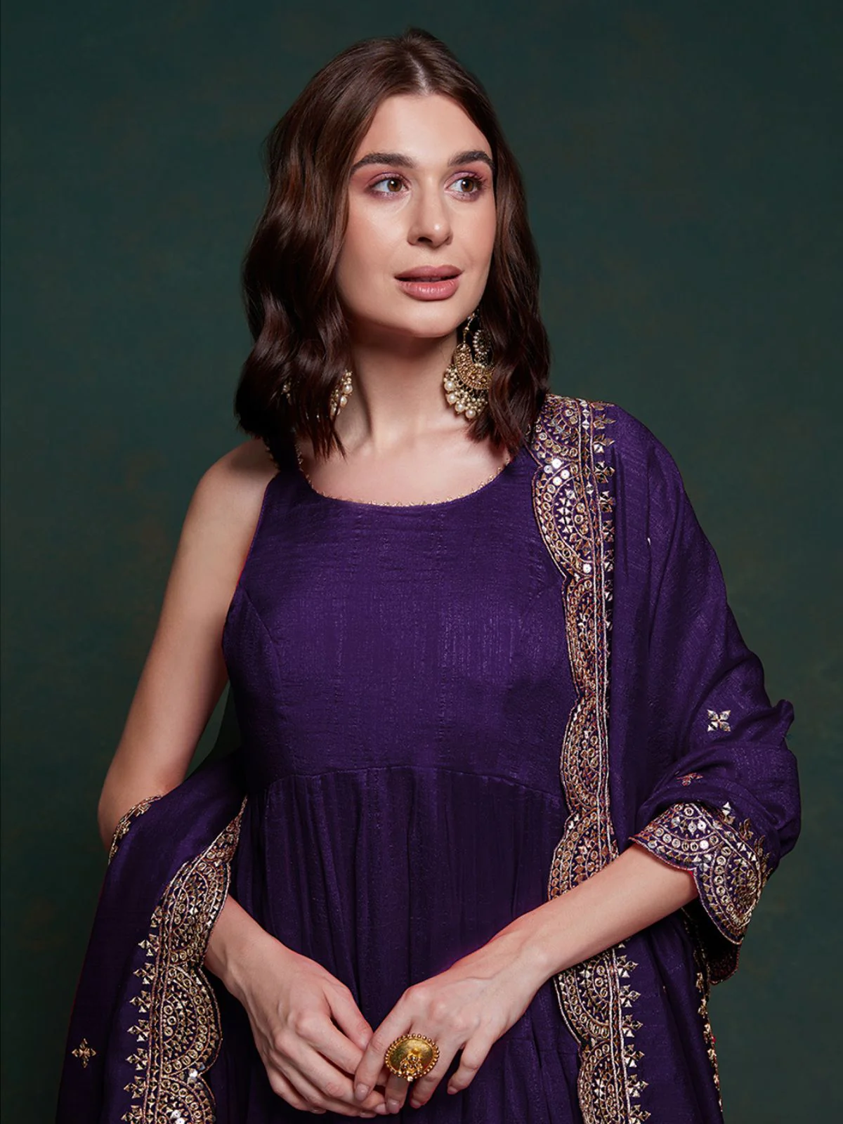 Odette Purple Silk Blend Solid Stitched Gown For Women - Image 7
