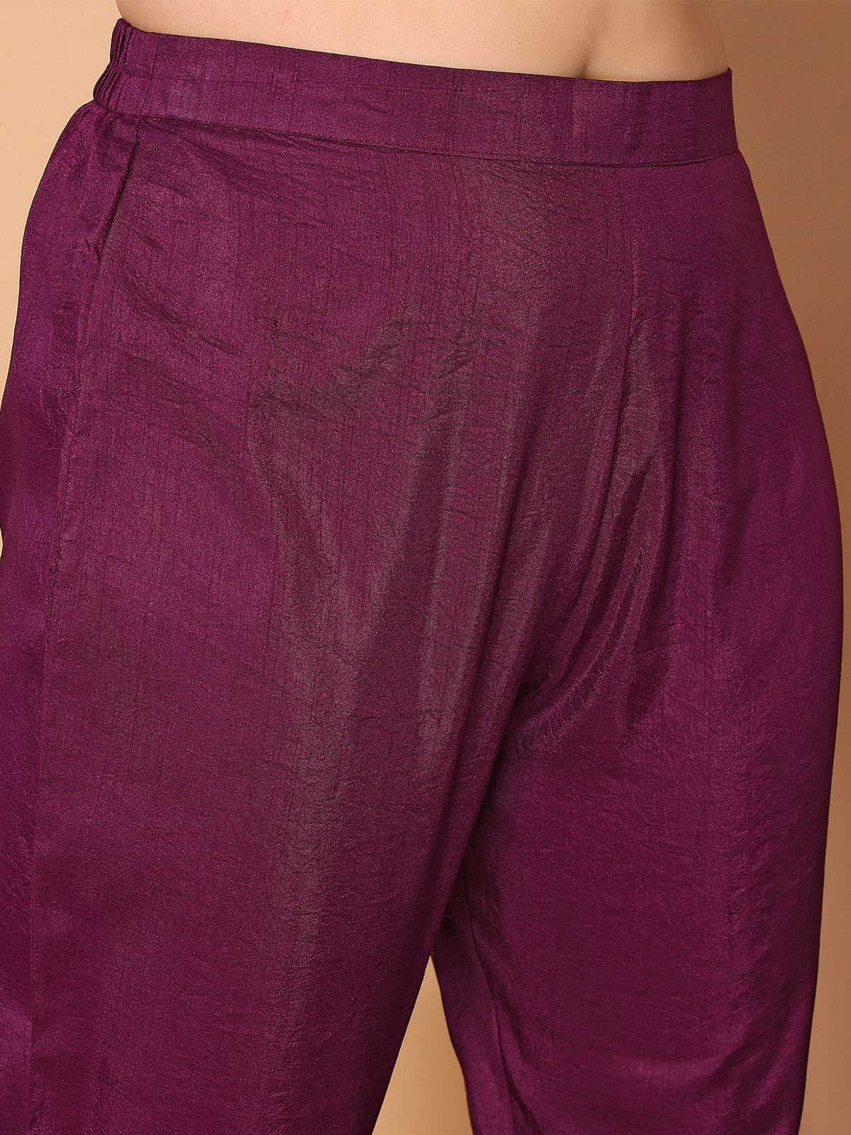 Odette Purple Silk Blend Embroidered Stitched Kurta set for Women - Image 6