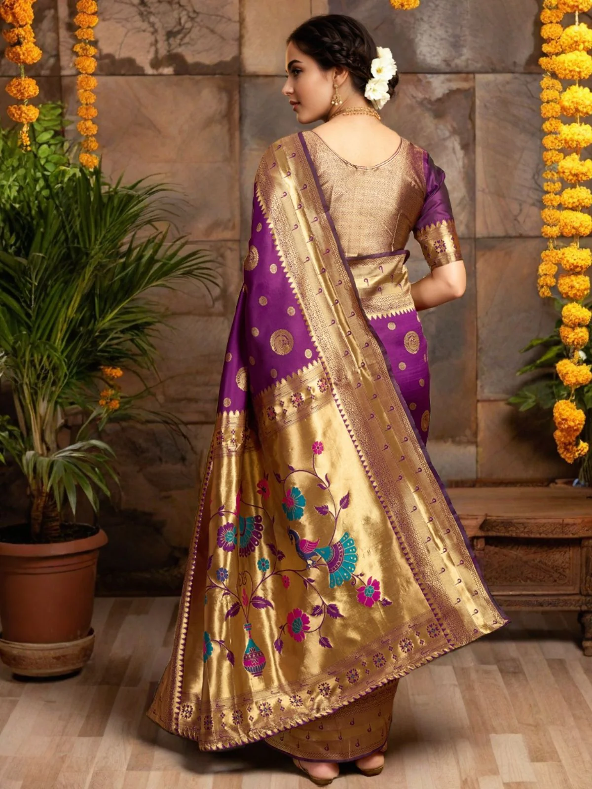 Odette Purple Silk Blend Woven Pithani Saree For Women - Image 4