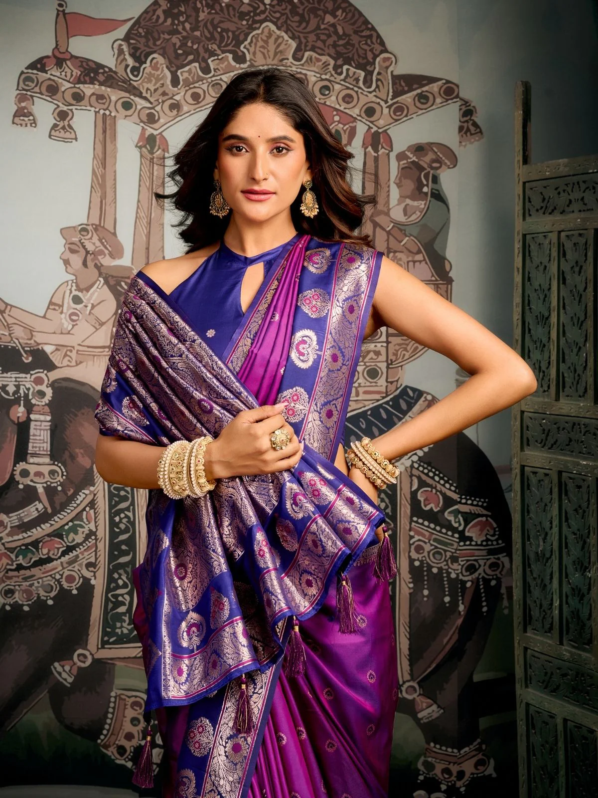 Odette Purple Silk Blend Woven Saree For Women - Image 5