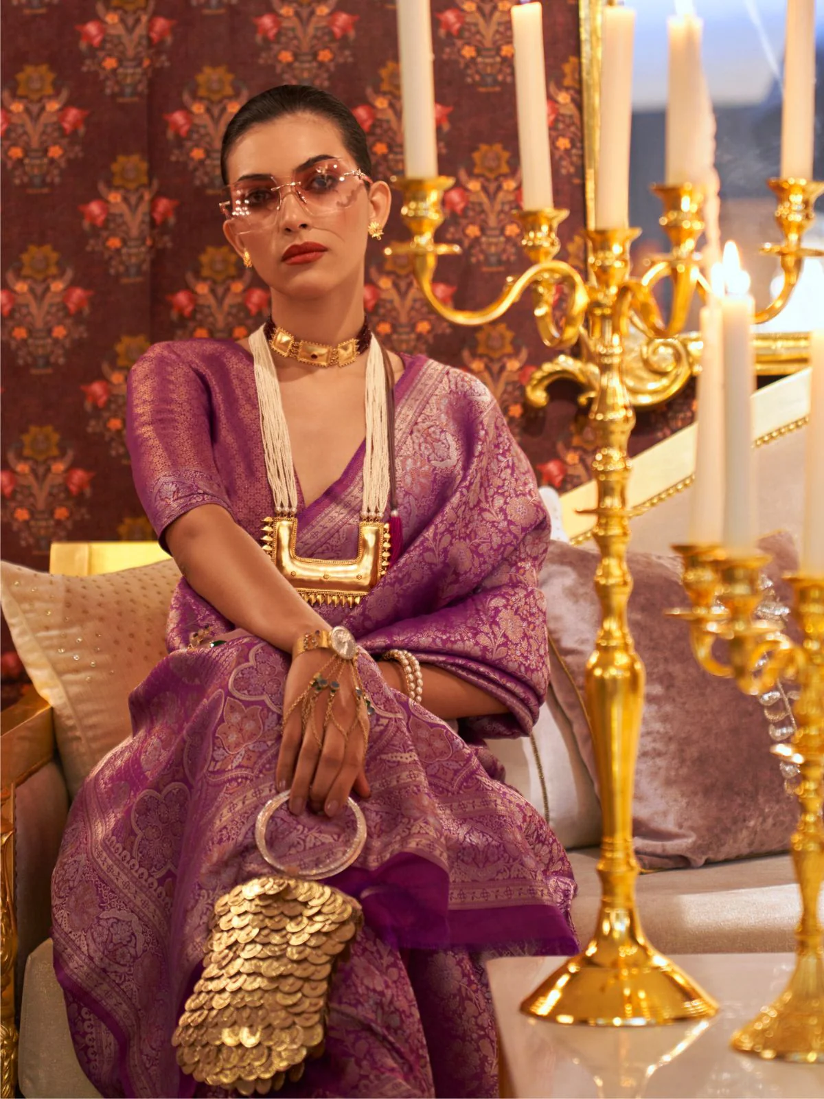 Odette Purple Silk Blend Woven Saree With Unstitched Blouse For Women - Image 2