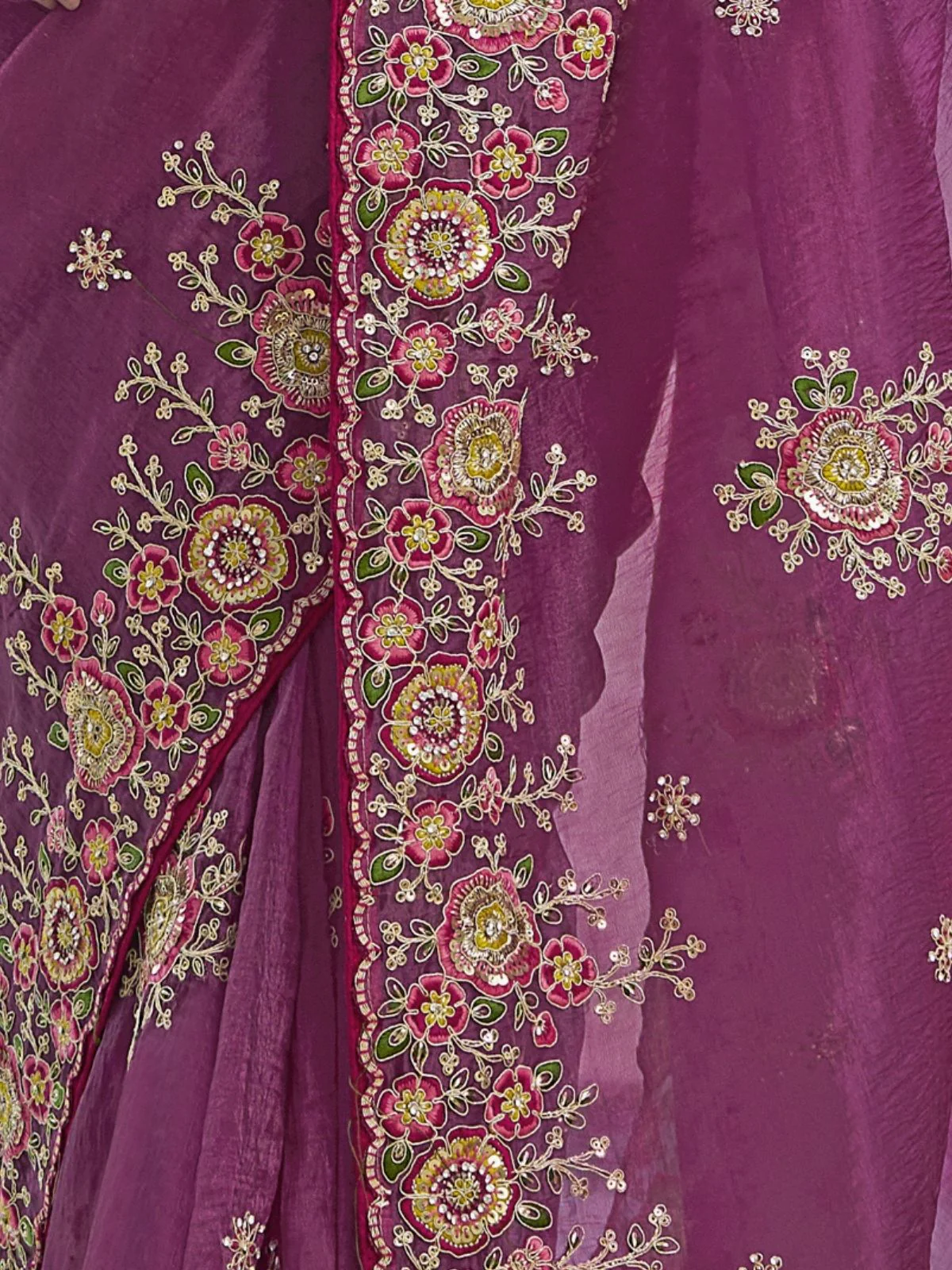 Odette Purple Organza Embroidered Saree With Unstitched Blouse For Women - Image 3