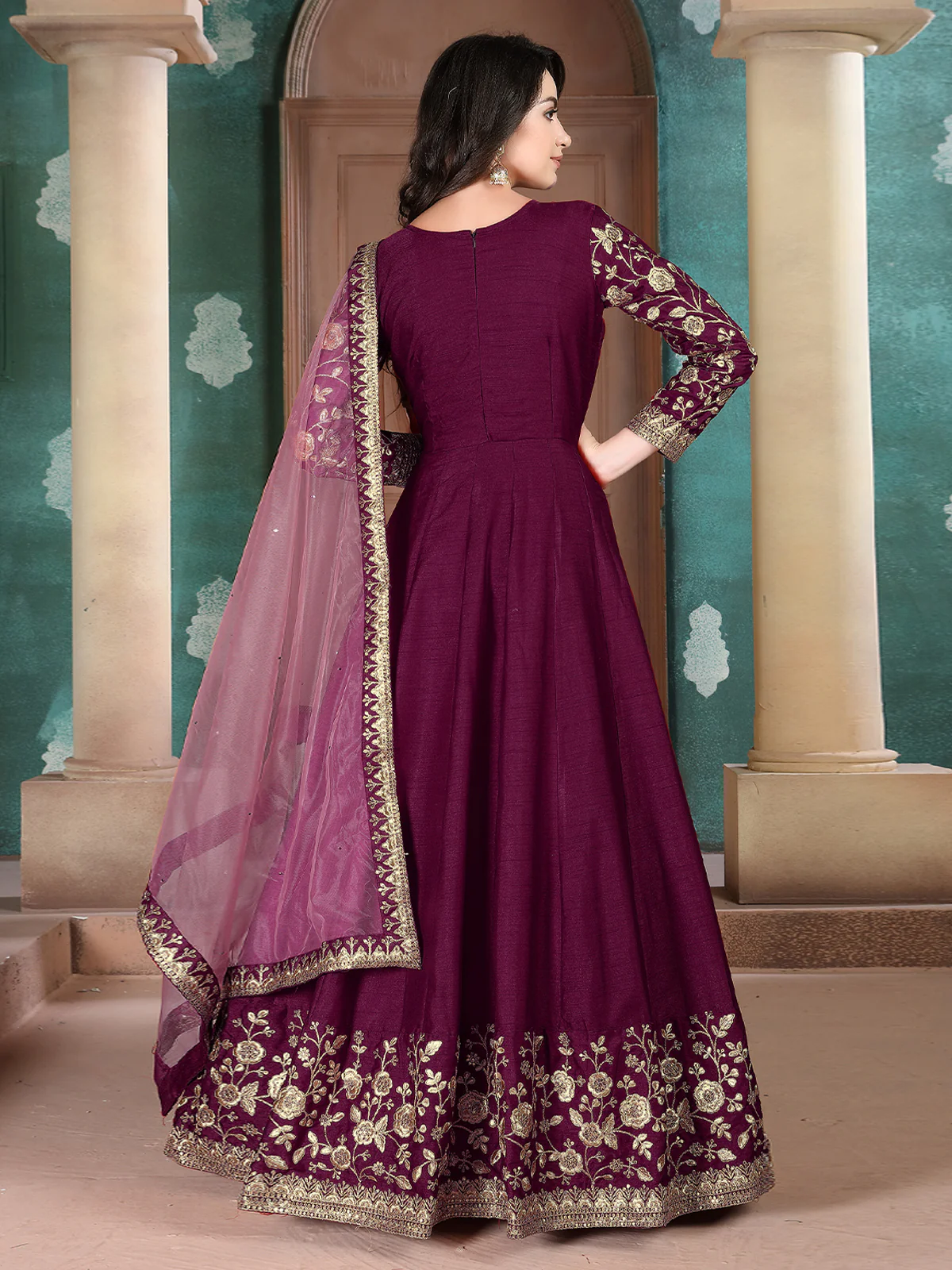 Odette Purple Silk Embroidered Semi stitched Kurta Set For Women - Image 2