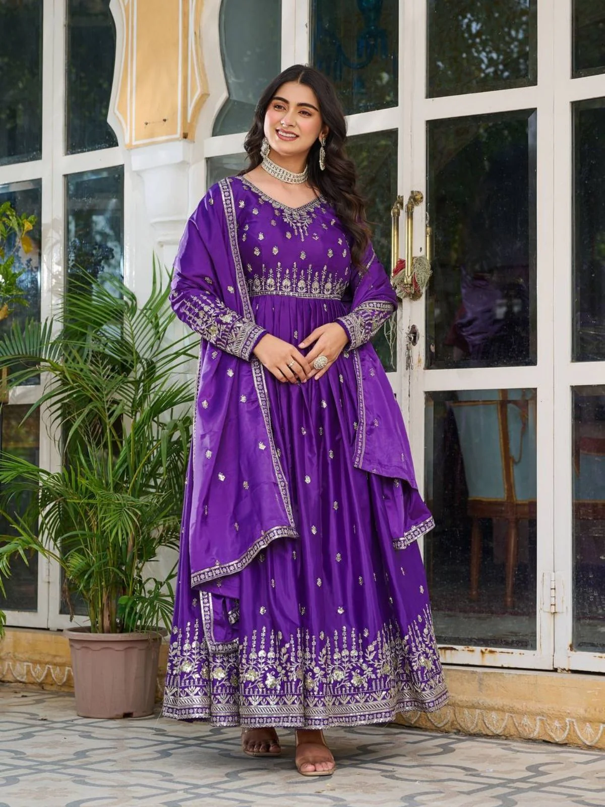 Odette Purple Silk Solid Stitched Kurta Set For Women - Image 2