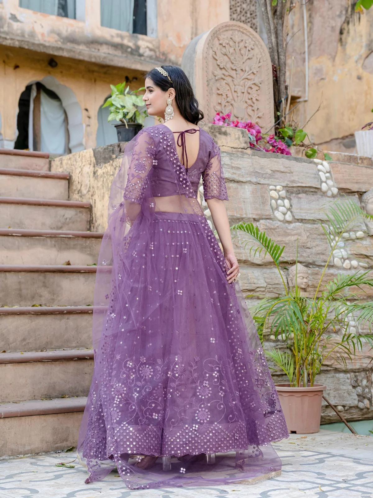 Odette Purple Soft Net Embellished Semi-Stitched lehenga For Women - Image 5