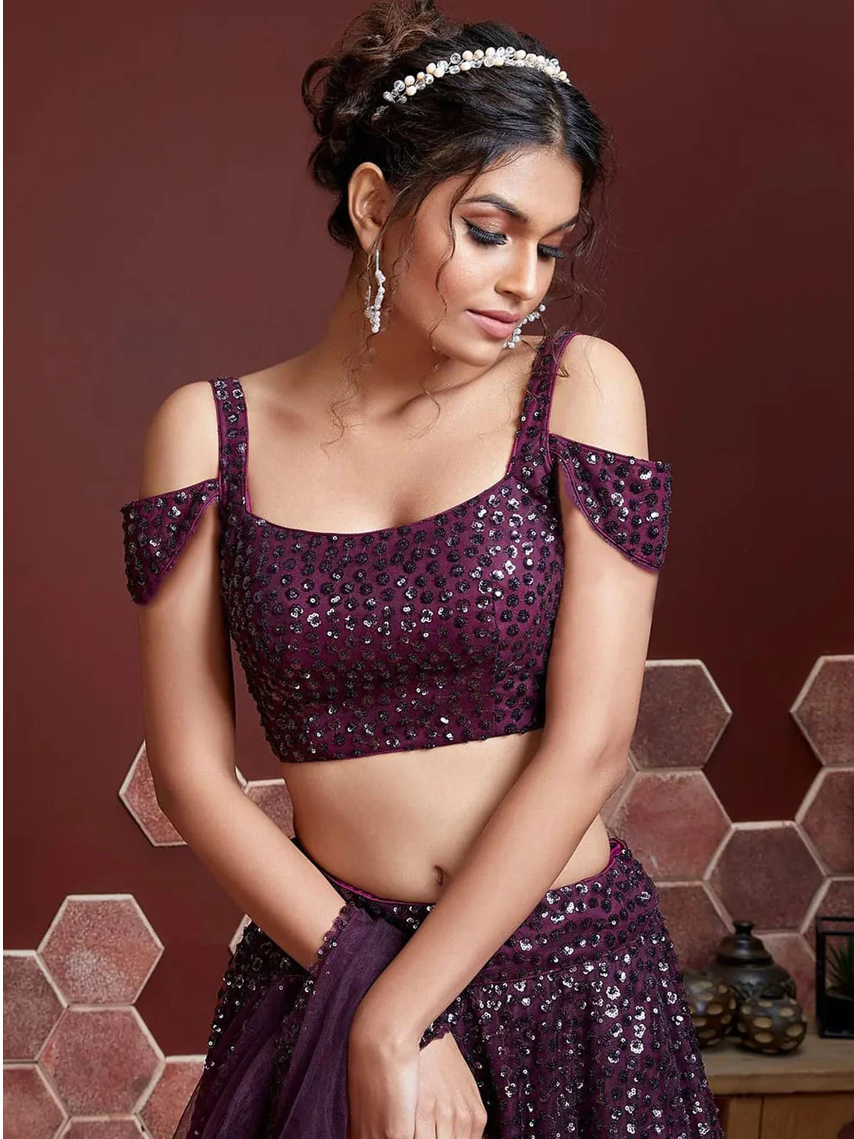 Odette Purple Soft Net Embellished Semi Stitched Lehenga With Unstitched Blouse For Women - Image 2