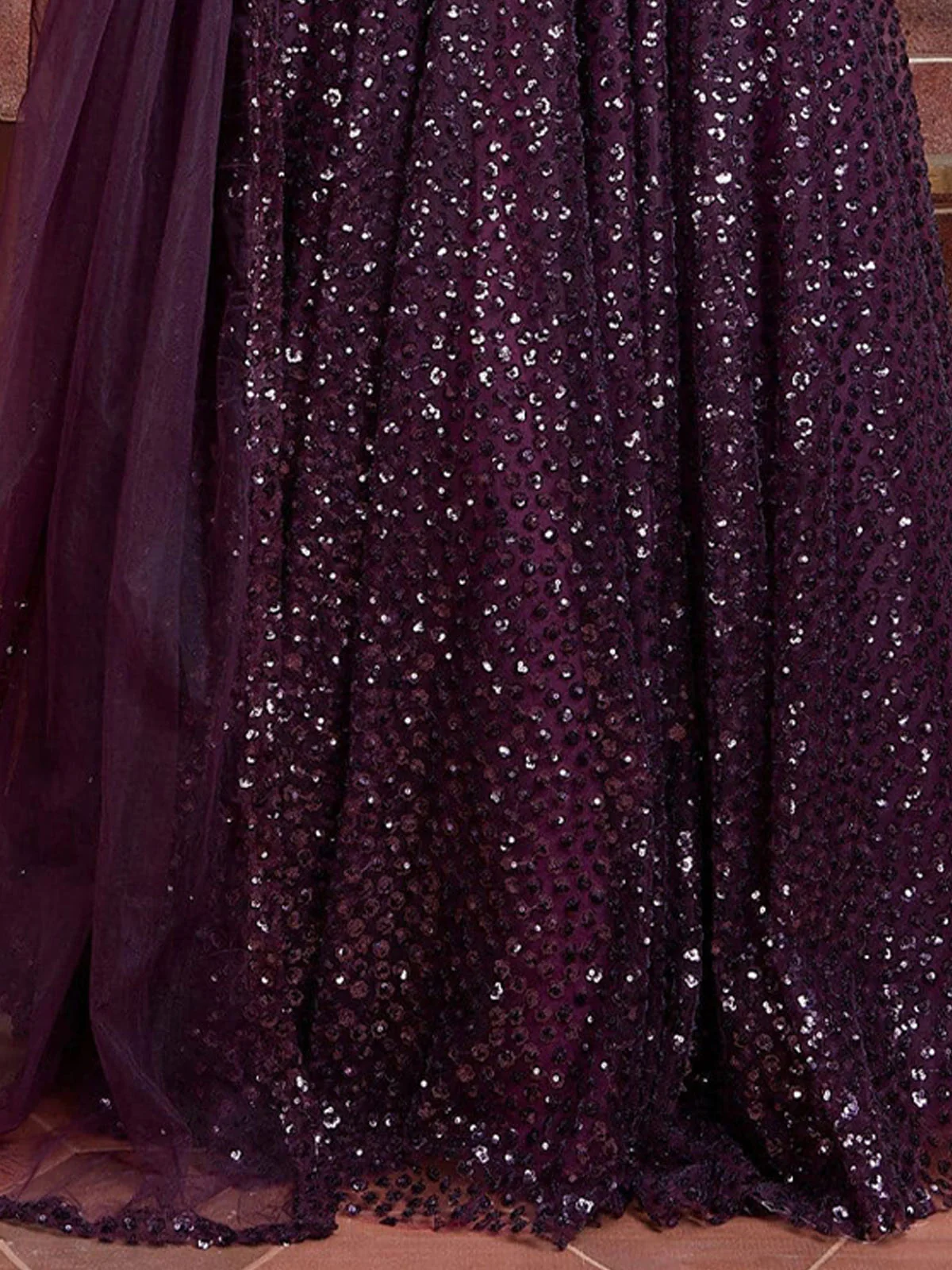 Odette Purple Soft Net Embellished Semi Stitched Lehenga With Unstitched Blouse For Women - Image 3