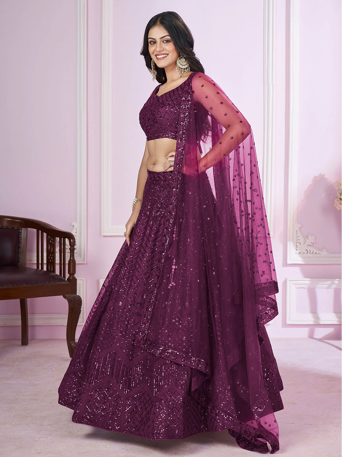 Odette Purple Soft Net Embellished Semi Stitched Lehenga With Unstitched Blouse For Women - Image 2