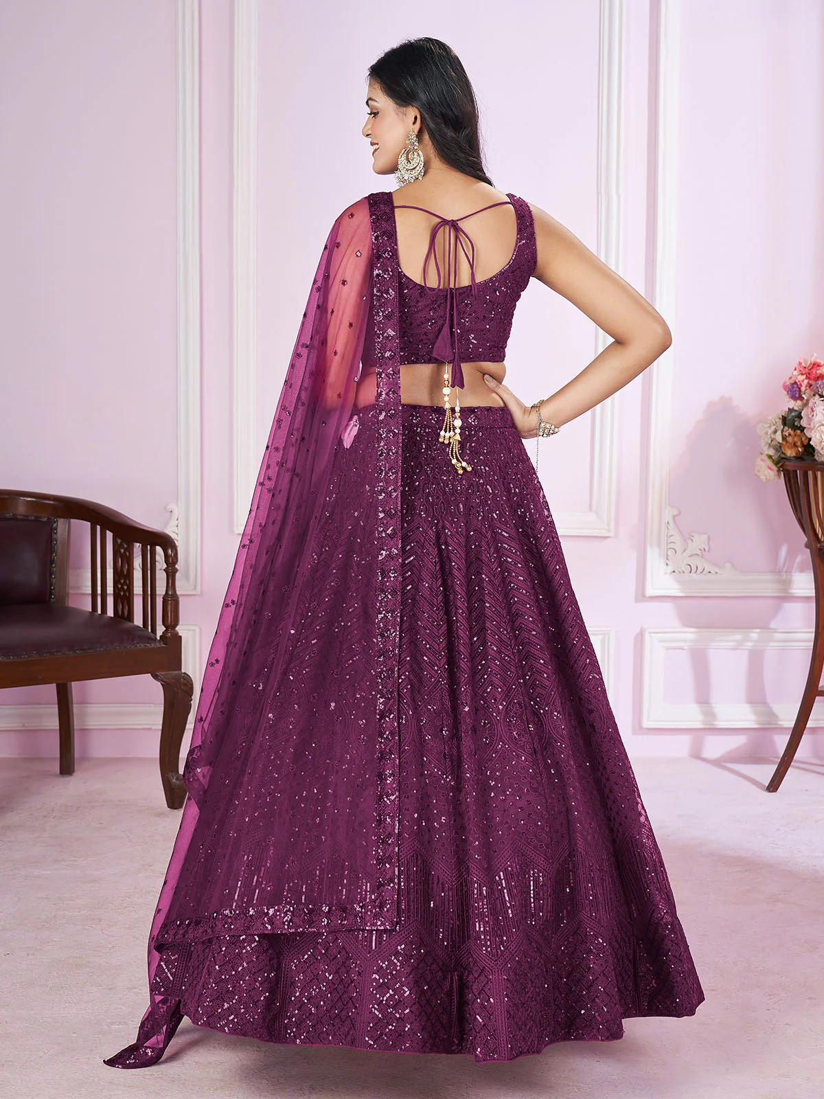 Odette Purple Soft Net Embellished Semi Stitched Lehenga With Unstitched Blouse For Women - Image 3