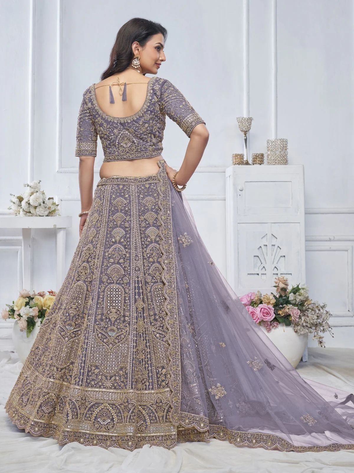 Odette Purple  Soft Net Embroidered Semi-Stitched Lehenga With Unstitched Blouse For Women - Image 4