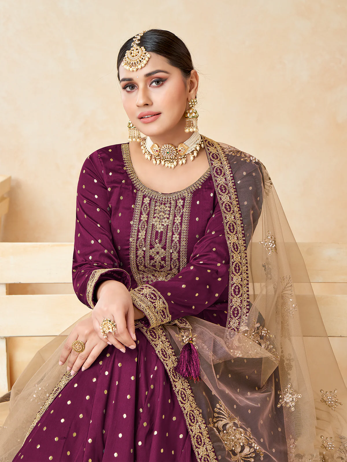 Odette Purple Tafeta Embroidered Semi stitched Kurta Set For Women - Image 4