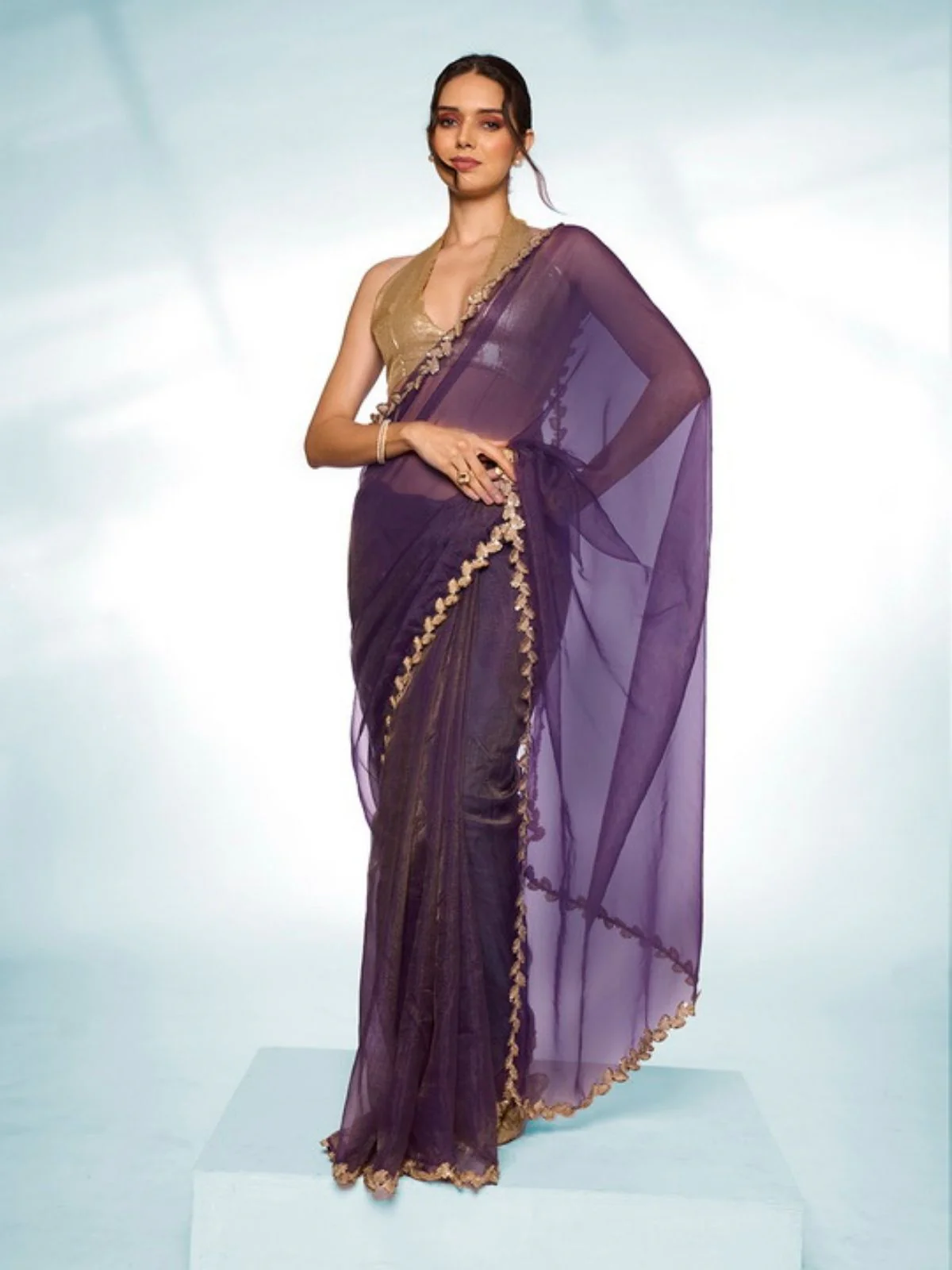 Odette Purple Tissue Lace Work Saree With Unstitched Blouse For Women - Image 2