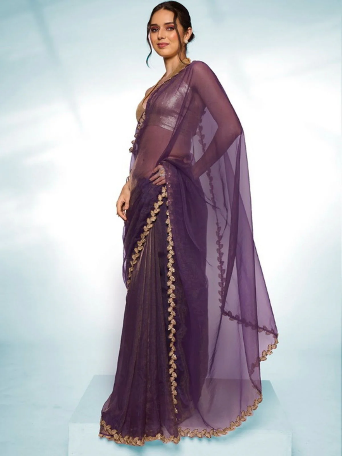 Odette Purple Tissue Lace Work Saree With Unstitched Blouse For Women - Image 3
