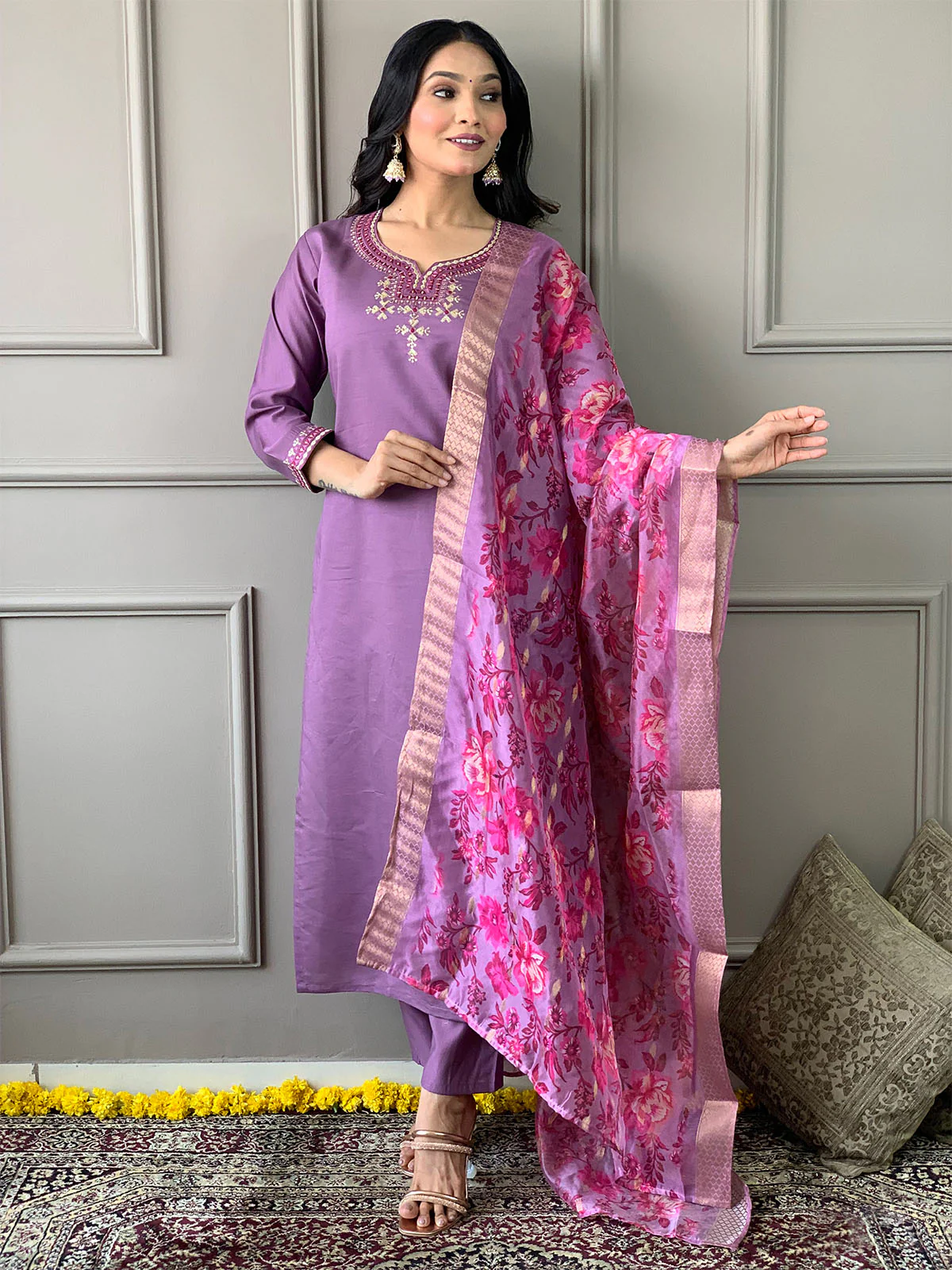 Odette Purple Viscose Embroidered Stitched Kurta Set For Women - Image 2