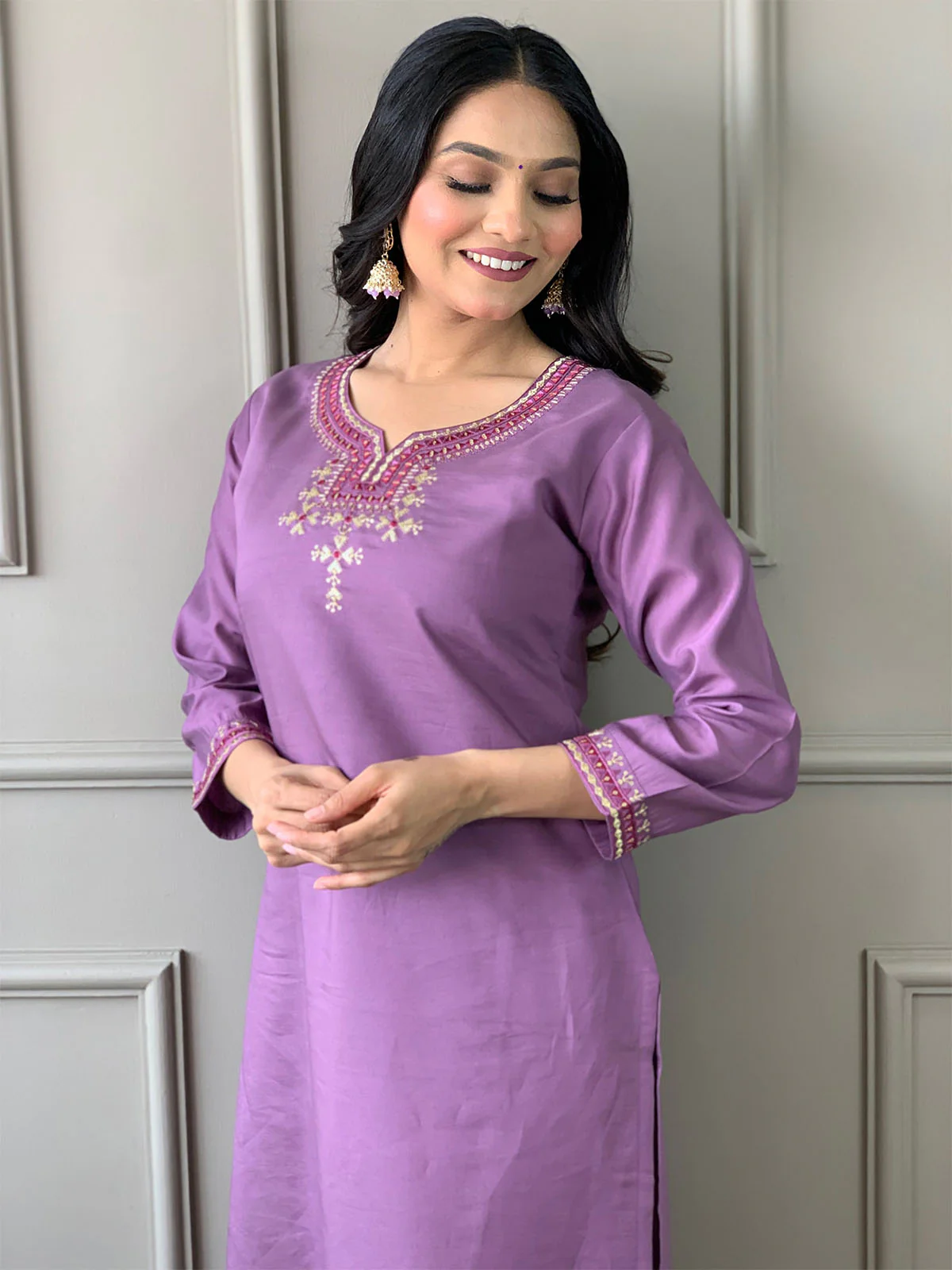 Odette Purple Viscose Embroidered Stitched Kurta Set For Women - Image 4