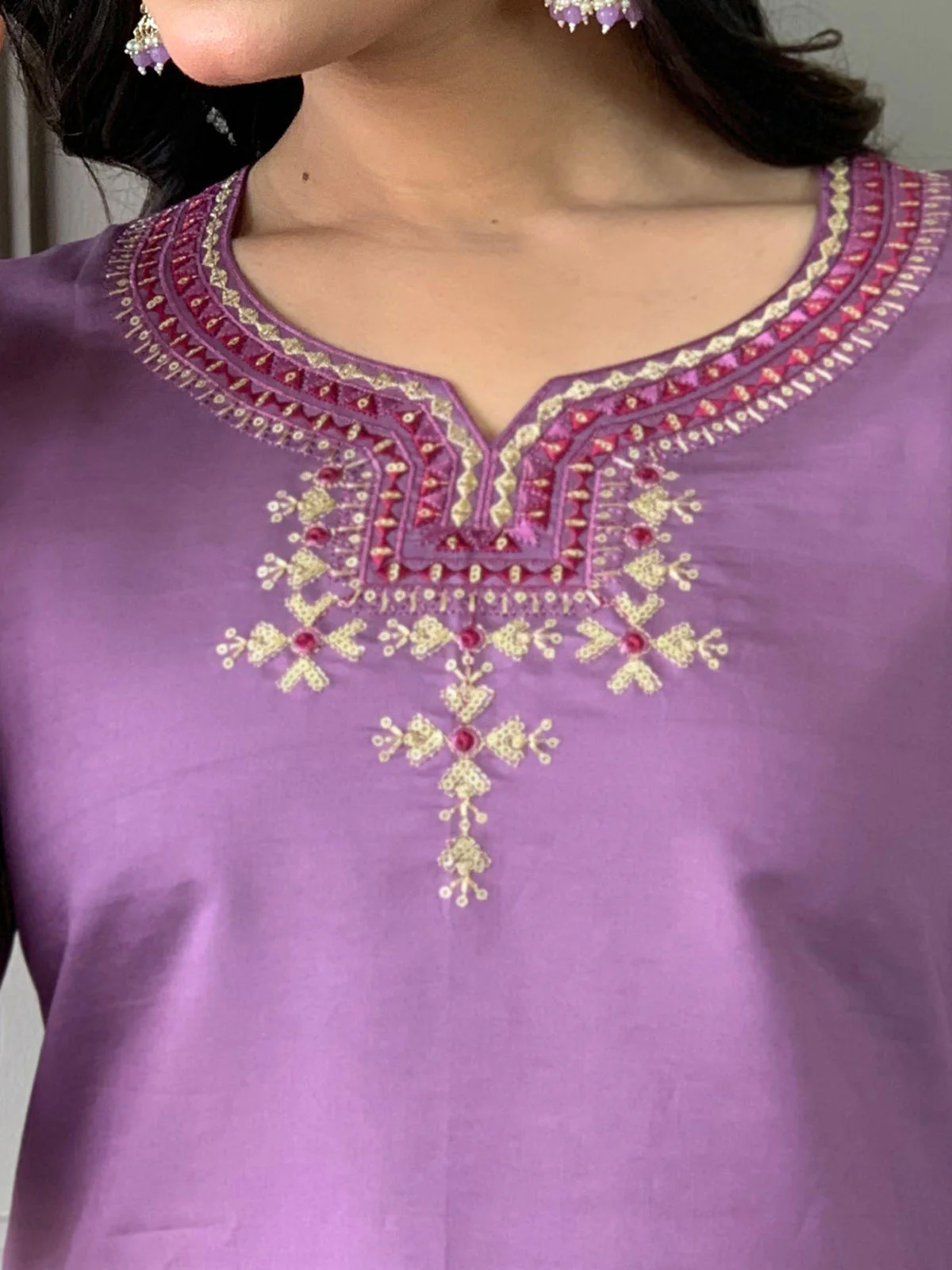 Odette Purple Viscose Embroidered Stitched Kurta Set For Women - Image 5