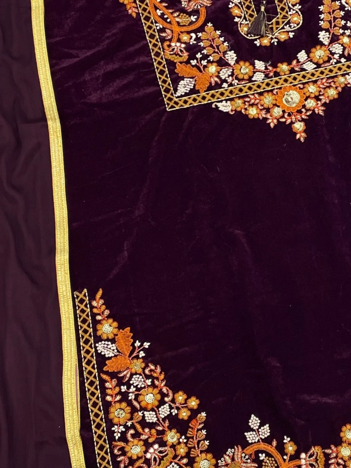 Odette Purple Velvet Embroidered Semi-Sitched Kurta Set For Women - Image 3