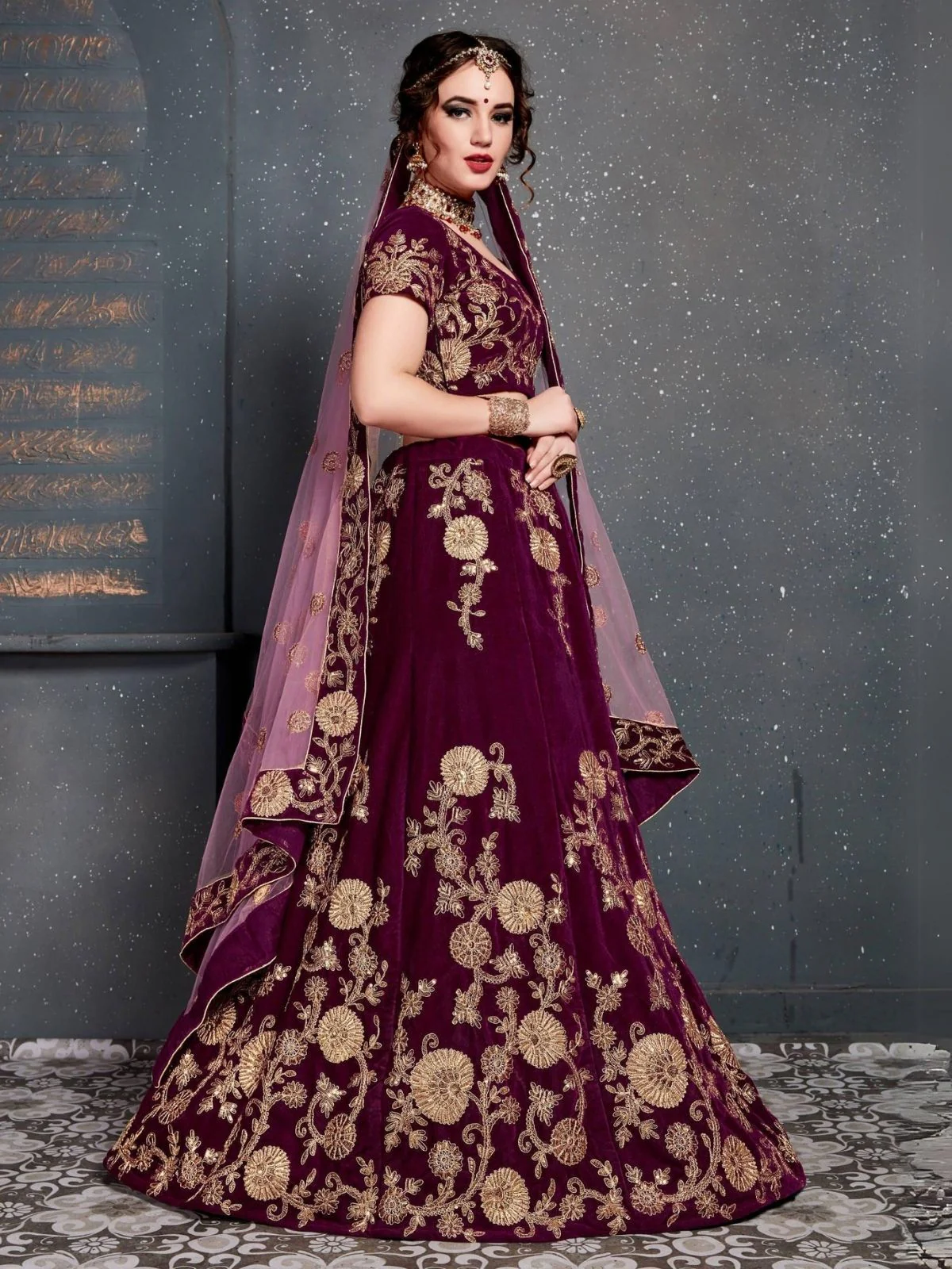 Odette Purple Velvet Embroidered Semi Stitched Lehenga With Blouse For Women - Image 3