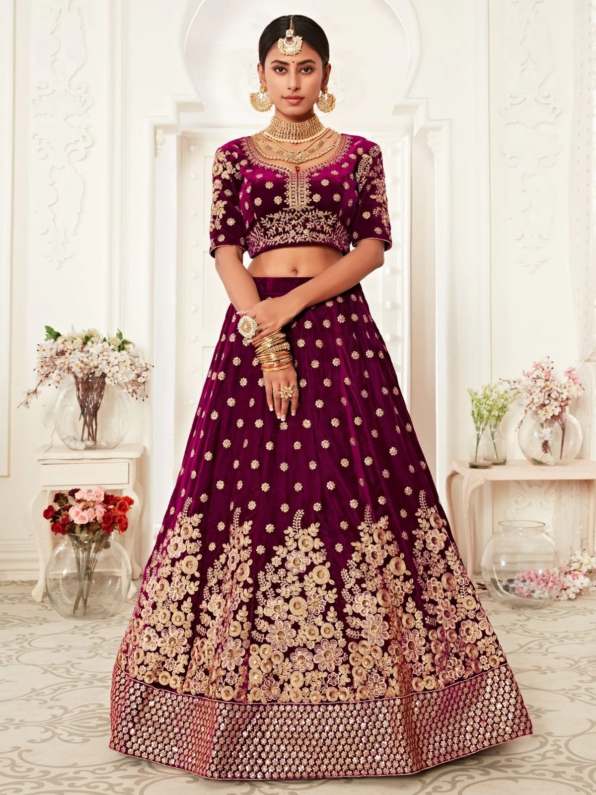 Odette Purple Velvet Embroidered Semi Stitched Lehenga With Unstitched Blouse For Women - Image 2