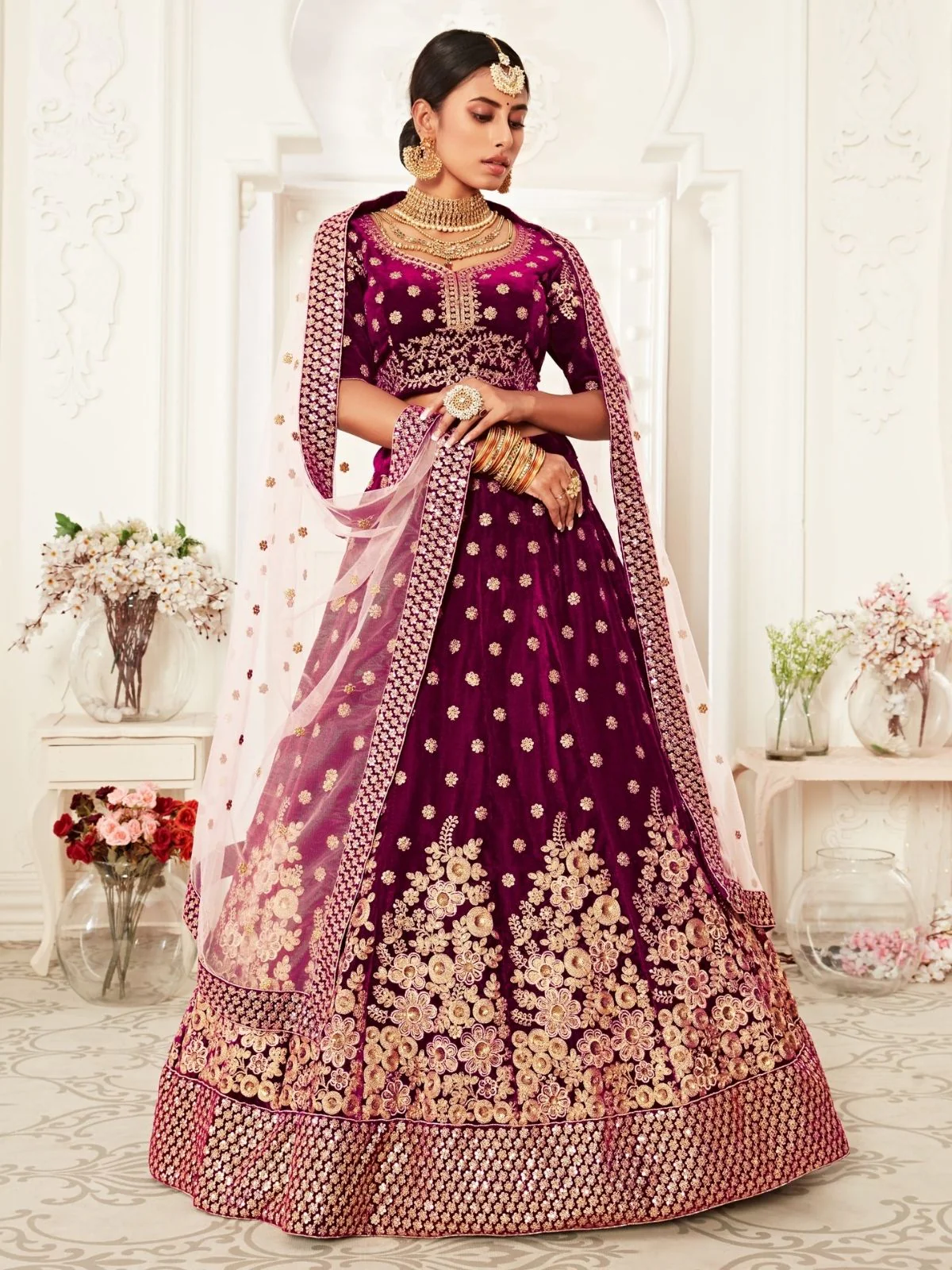Odette Purple Velvet Embroidered Semi Stitched Lehenga With Unstitched Blouse For Women - Image 3