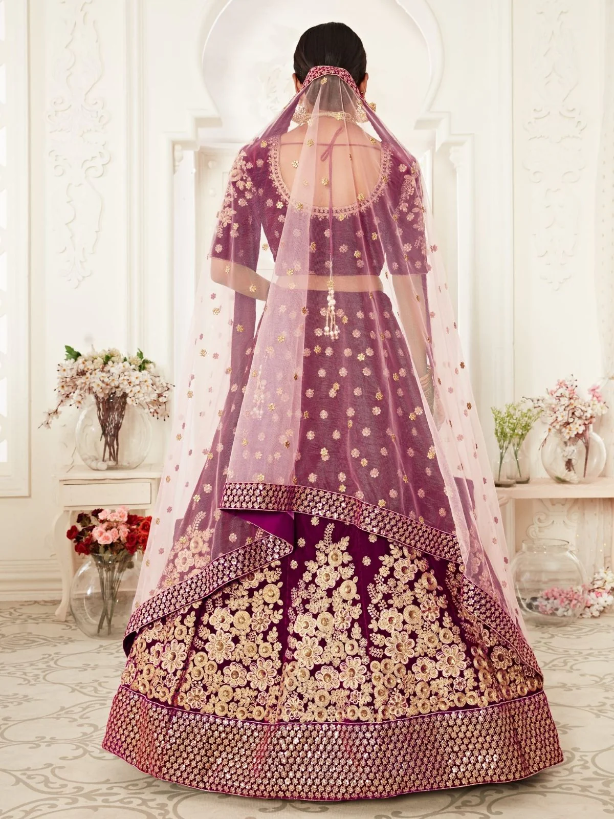 Odette Purple Velvet Embroidered Semi Stitched Lehenga With Unstitched Blouse For Women - Image 4