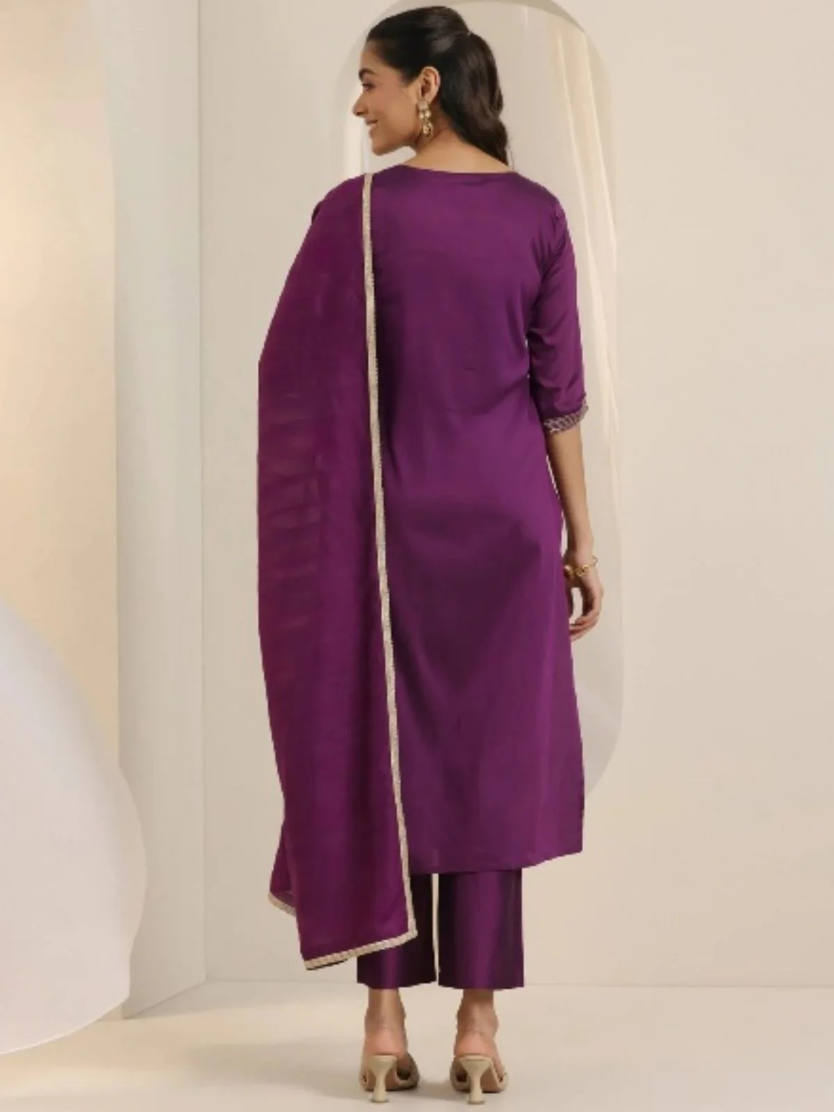 Odette Purple Viscose Chanderi Embriodered Stitched Kurta Set For Women - Image 2