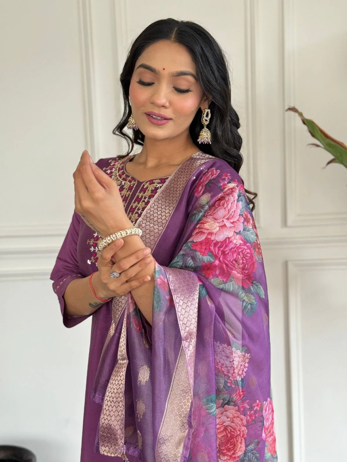 Odette Purple Viscose chanderi Embroidered Stitched Kurta Set For Women - Image 4