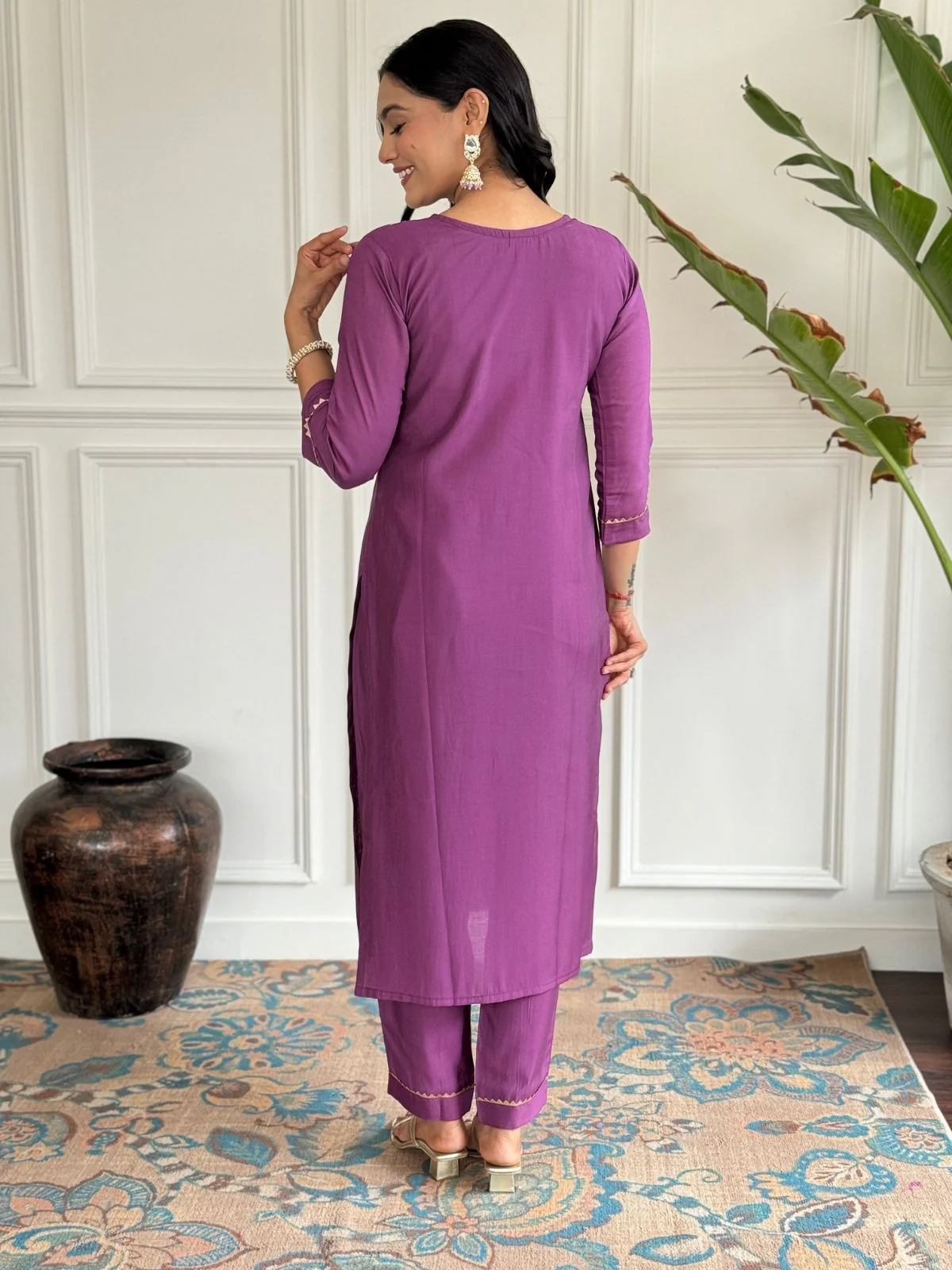 Odette Purple Viscose chanderi Embroidered Stitched Kurta Set For Women - Image 5