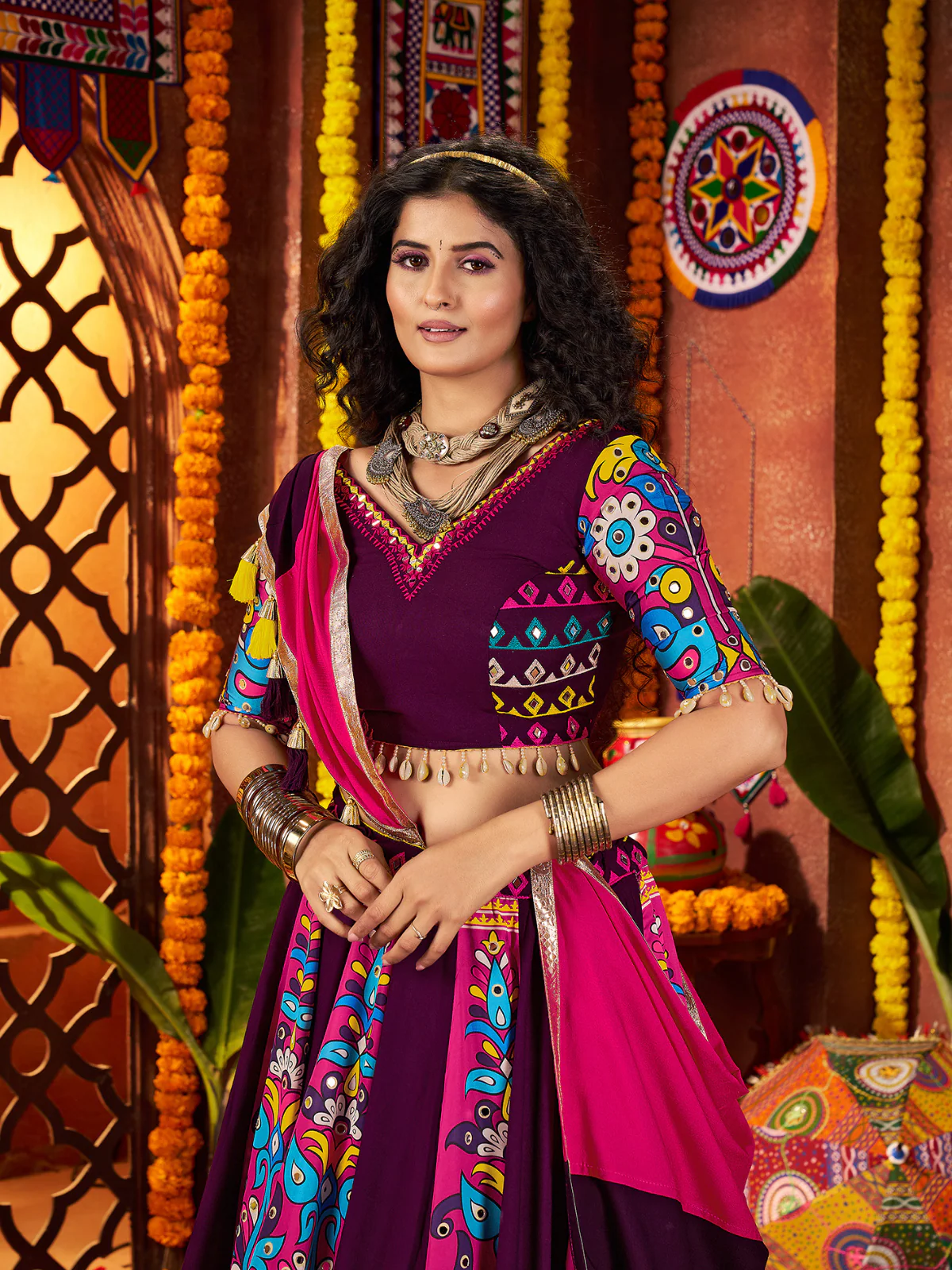 Odette Purple Viscose Cotton Printed Semi-Stitched Lehenga For Women - Image 3