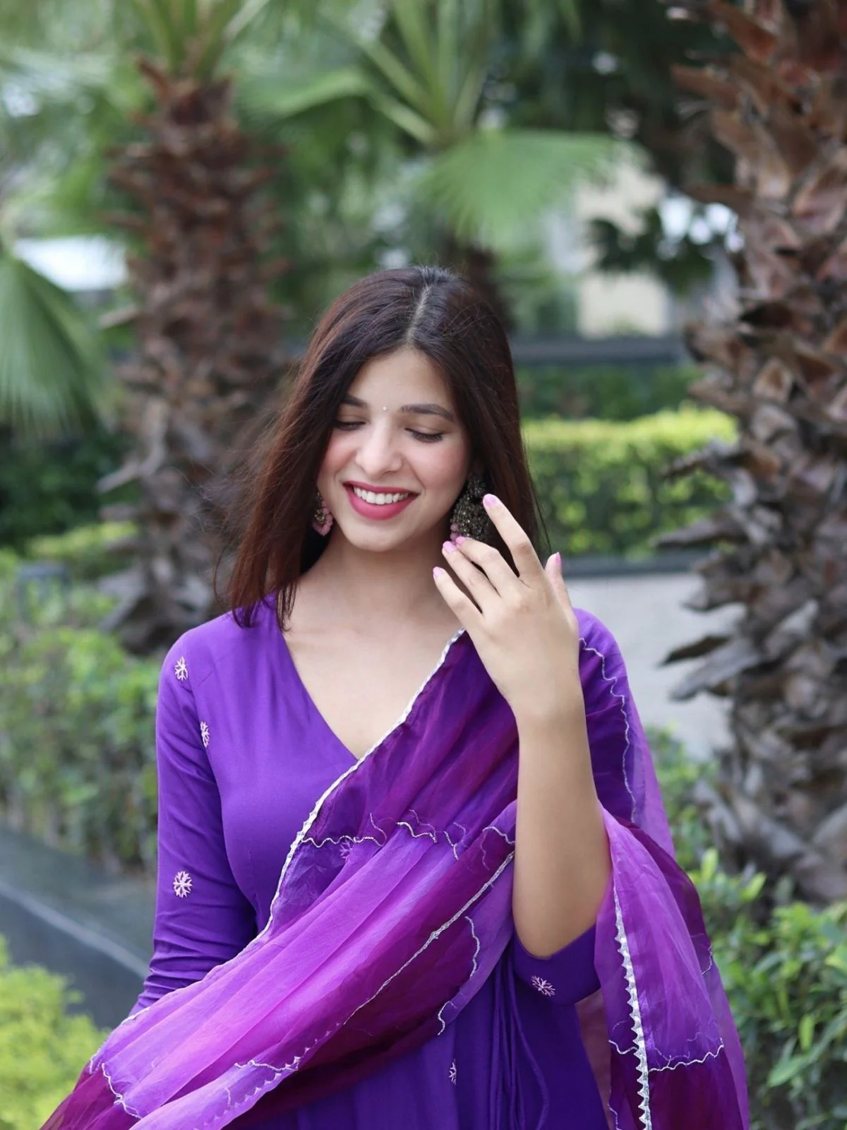 Odette Purple Viscose Embroidered Stiched Kurta Set For Women - Image 5