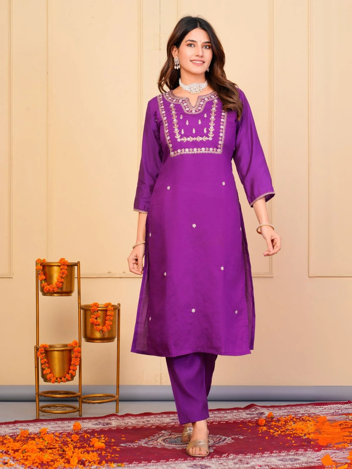 Odette Purple Viscose Embroidered Stitched Kurta Set For Women - Image 3