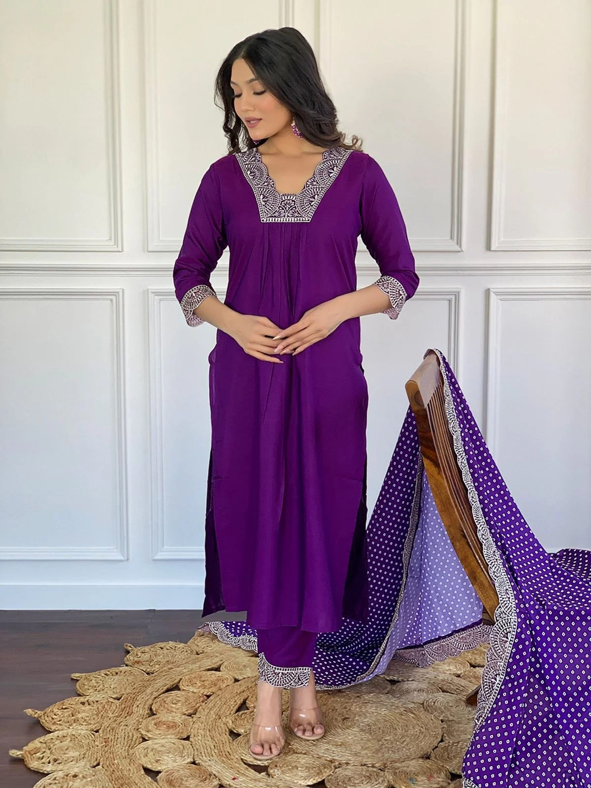 Odette Purple Viscose Lace Work Stitched Kurta Set for Women - Image 2