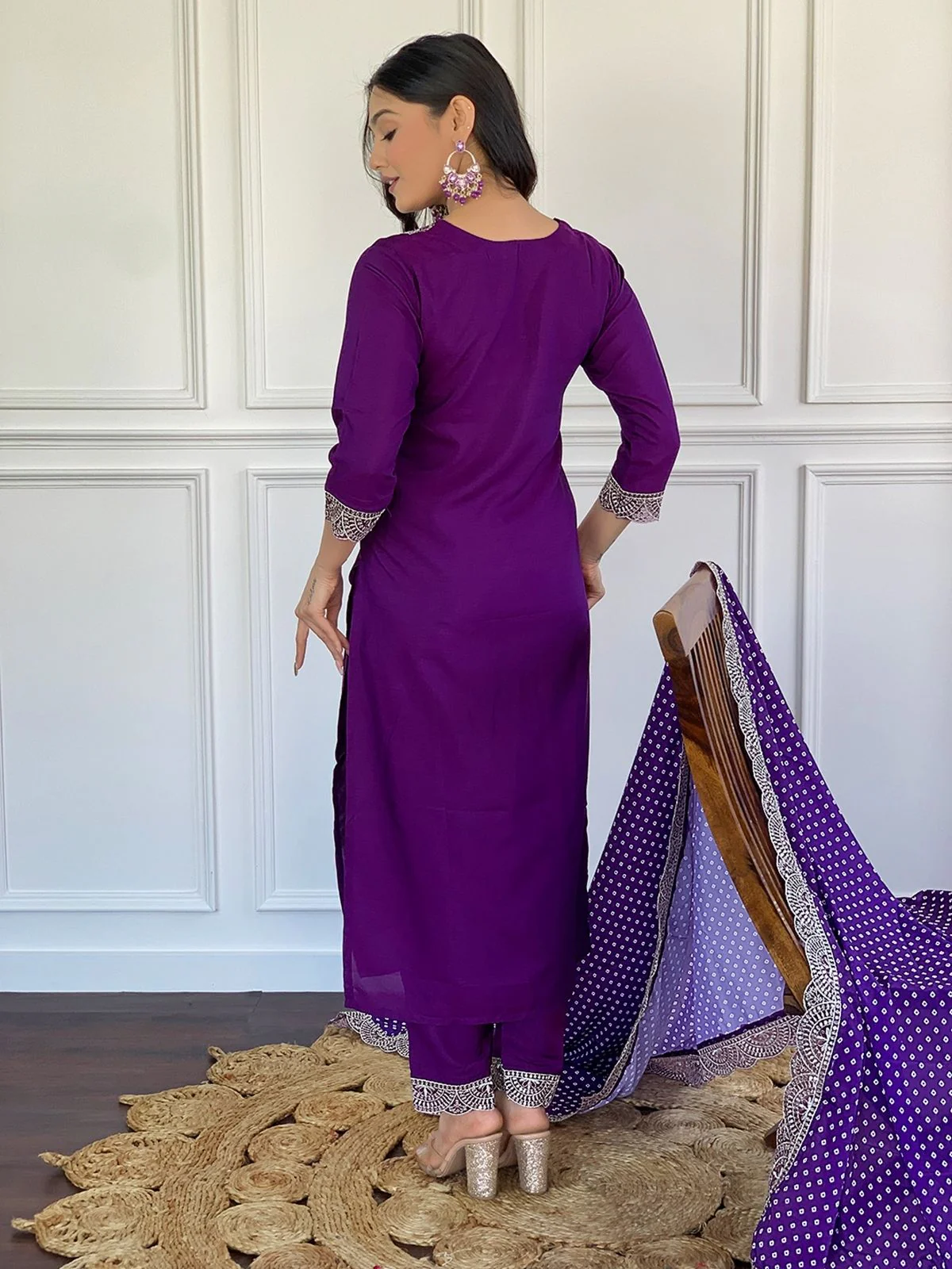 Odette Purple Viscose Lace Work Stitched Kurta Set for Women - Image 4