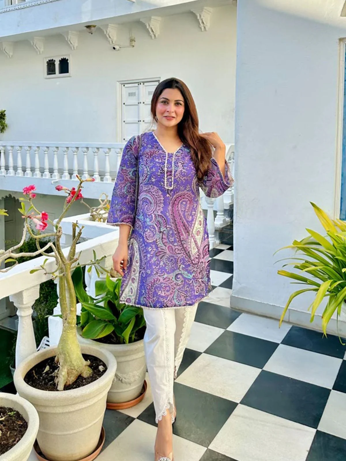 Odette Purple Viscose Printed Stiched Kurta Set For Women - Image 2