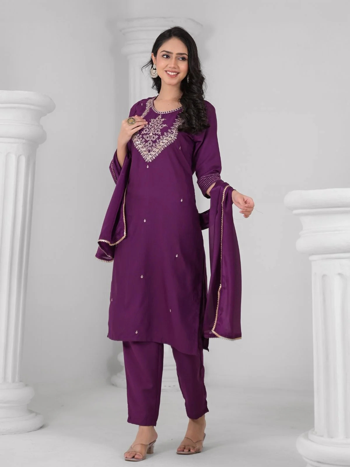 Odette Purple Viscose Rayon Embroidered Stitched Kurta Set For Women - Image 3