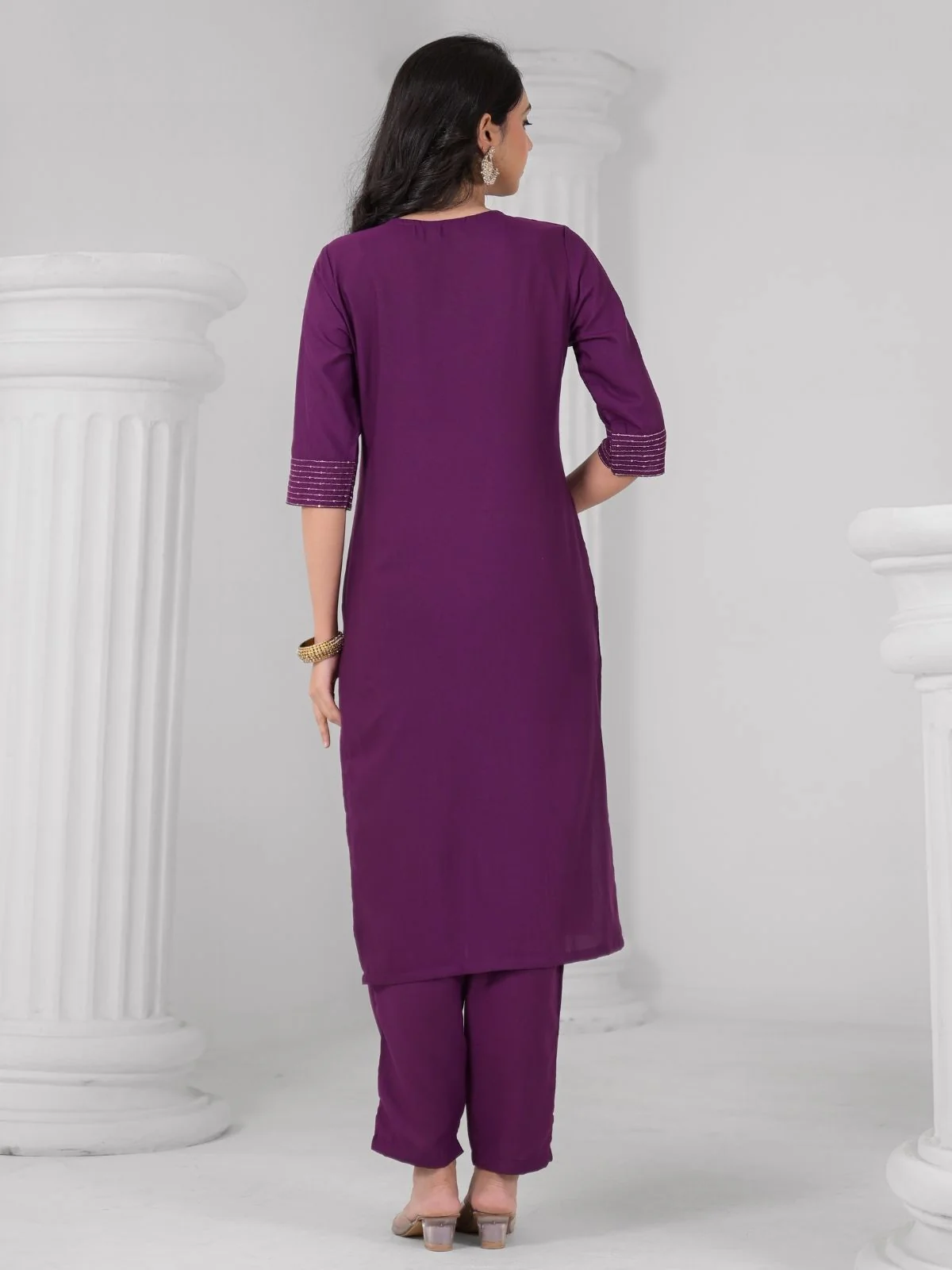 Odette Purple Viscose Rayon Embroidered Stitched Kurta Set For Women - Image 4